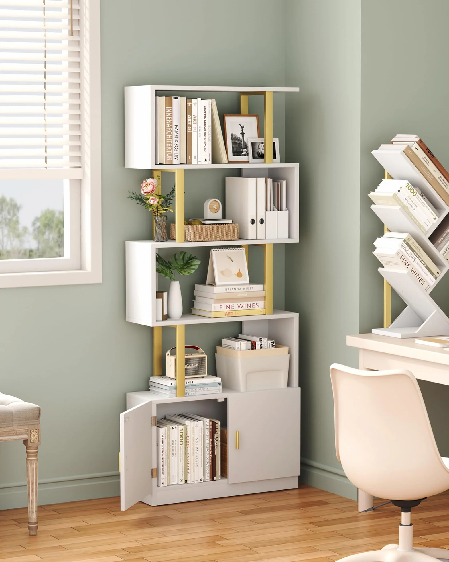 Yusong Geometric Bookcase with Cabinet, S Shaped Bookshelf 5-Tier Book Shelves for Bedroom, Modern Wood Decorative Display Shelf Tall Book Case for Home Office, Gold and White