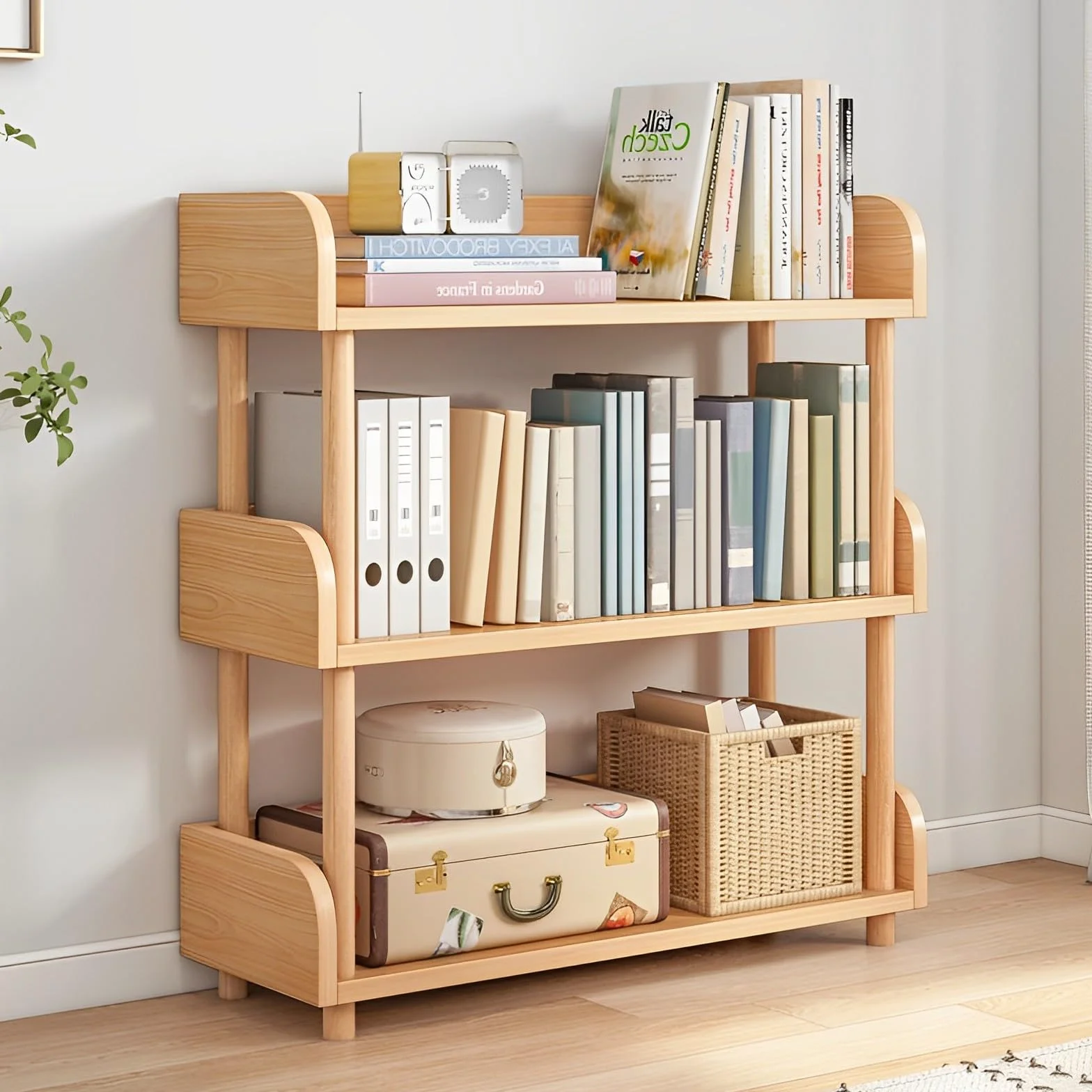 3-Tier Wooden Open Bookcase, Oak | Modern Display Bookshelf with Top Edge, Solid Wood Frame, Home and Office Storage