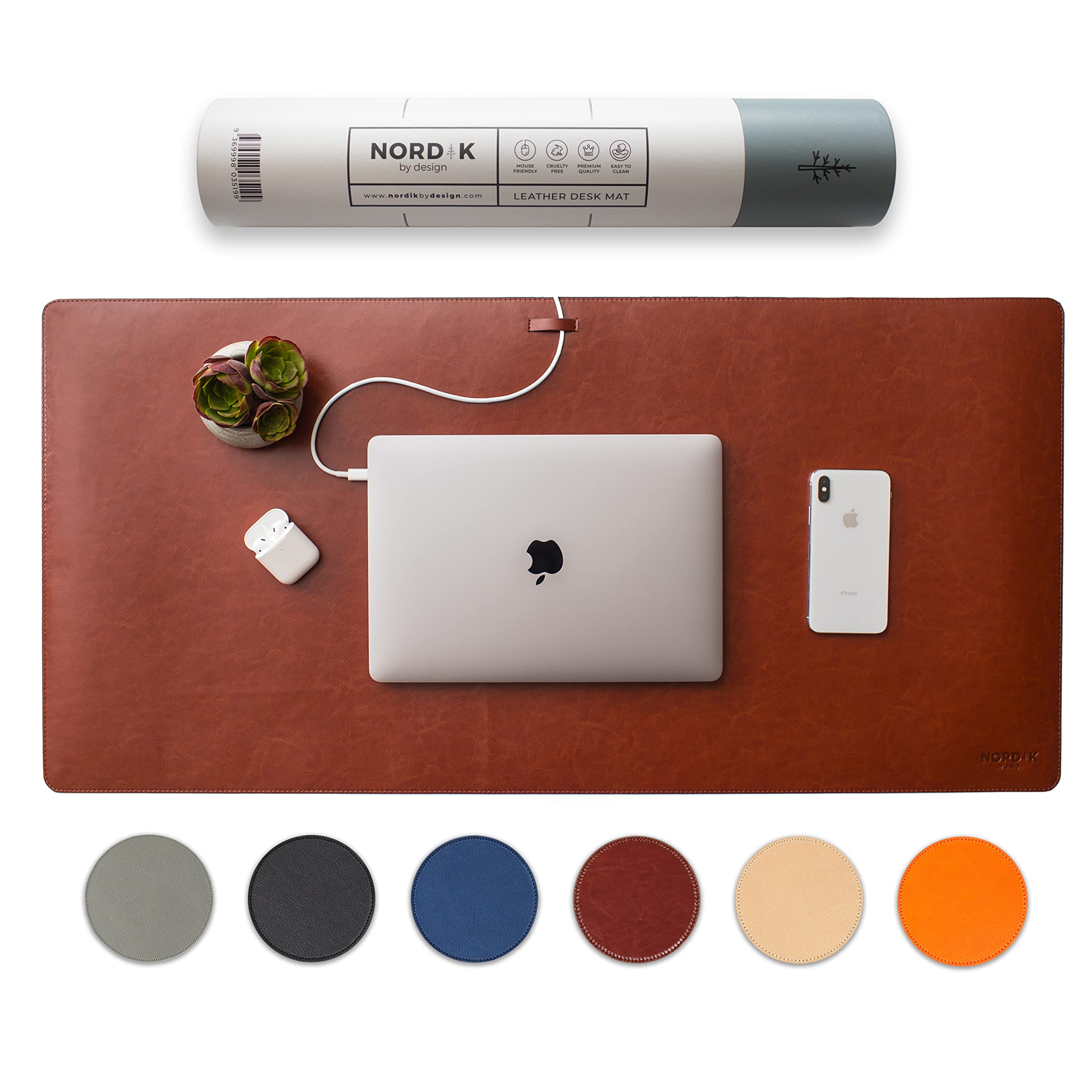 Whiskey Brown Vegan Leather Desk Mat with Integrated Organizer