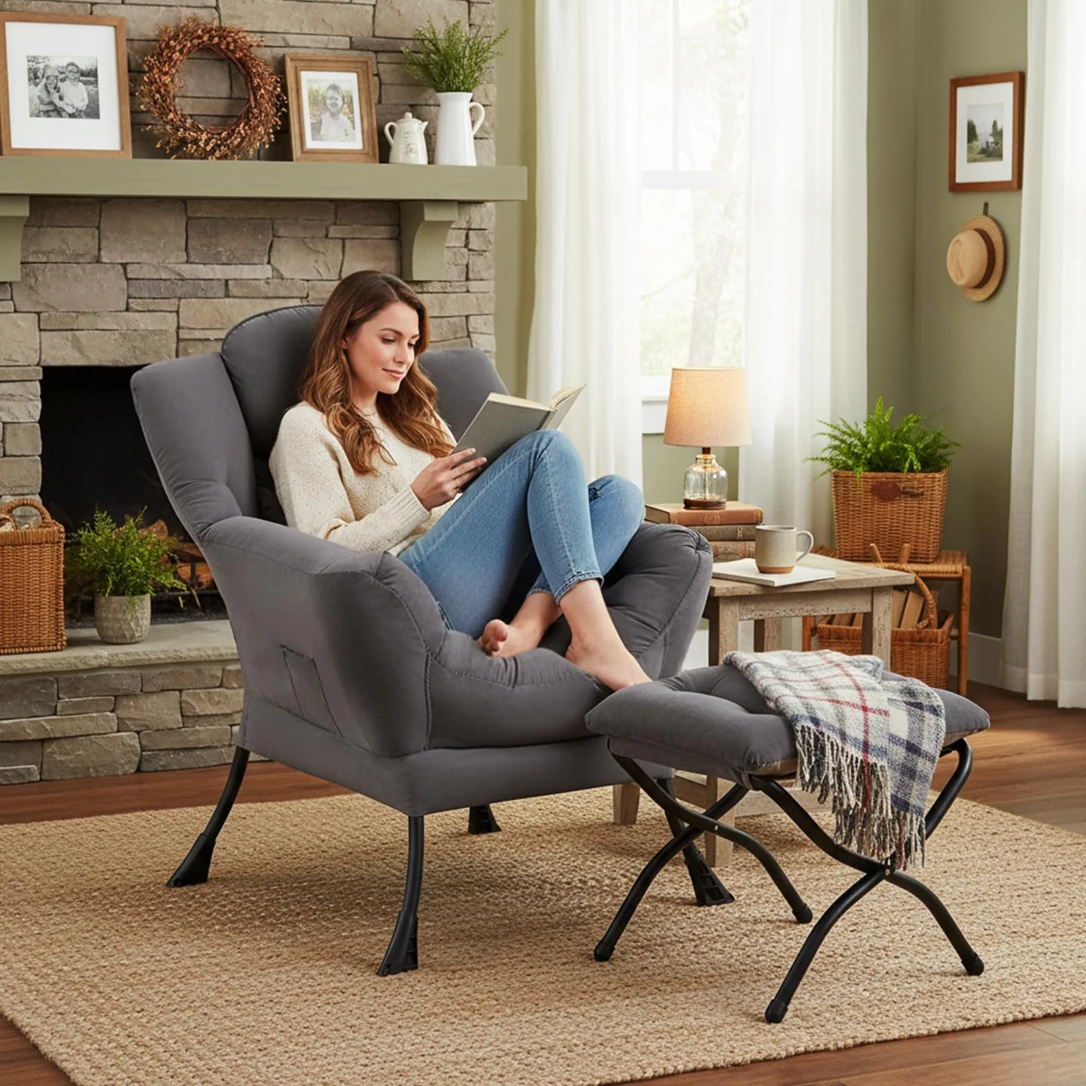 Furlide Lazy Chair with Ottoman, Comfy Fabric Accent Lounge Arm Chair with Lumbar Pillow and Folding Footrest, Reading Leisure Sofa Armchair for Bedroom, Living Room, Dorm,Dark Grey | Comfy Accent Lounge Chair with Pillow & folding Foot Stool, sturdy meta
