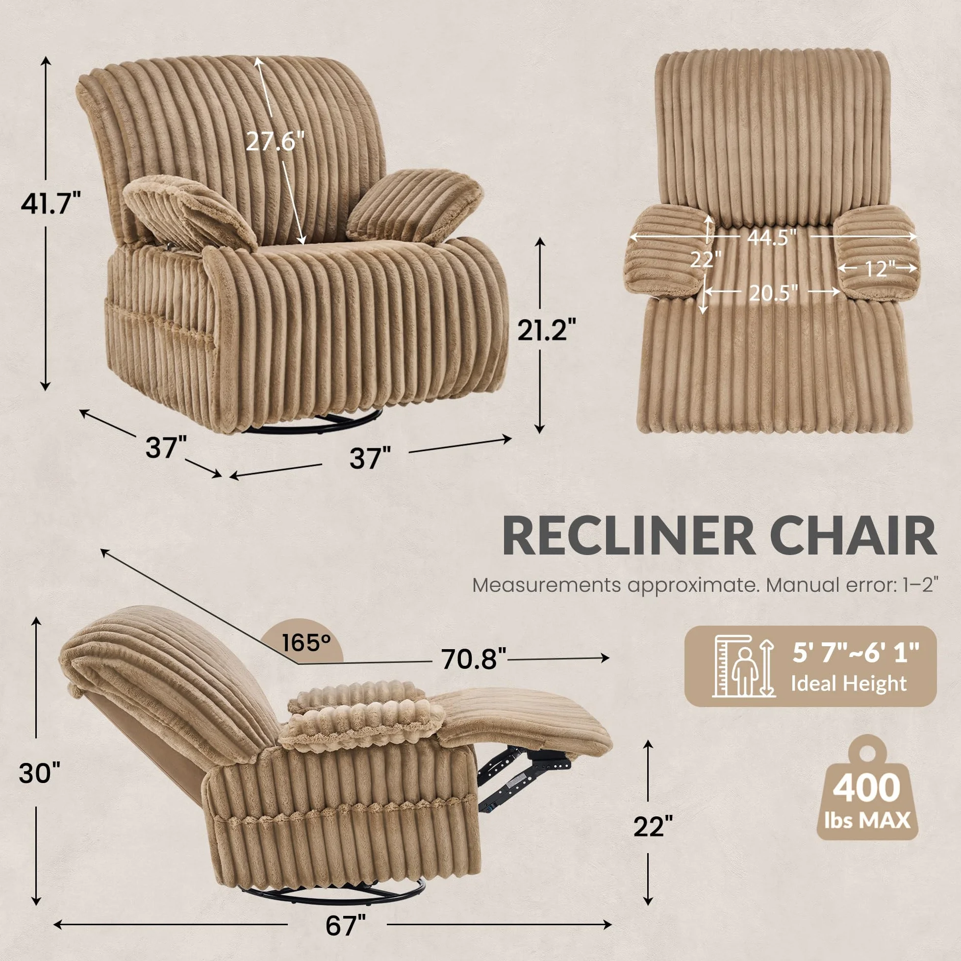 GRAINELL Oversized 40" Swivel Recliner Nursery Rocking Chairs, Khaki | Wide Stripe Fabric Glider Recliner for Adults Living Room Chairs with with Adjustable Armrests & 360° Rotation