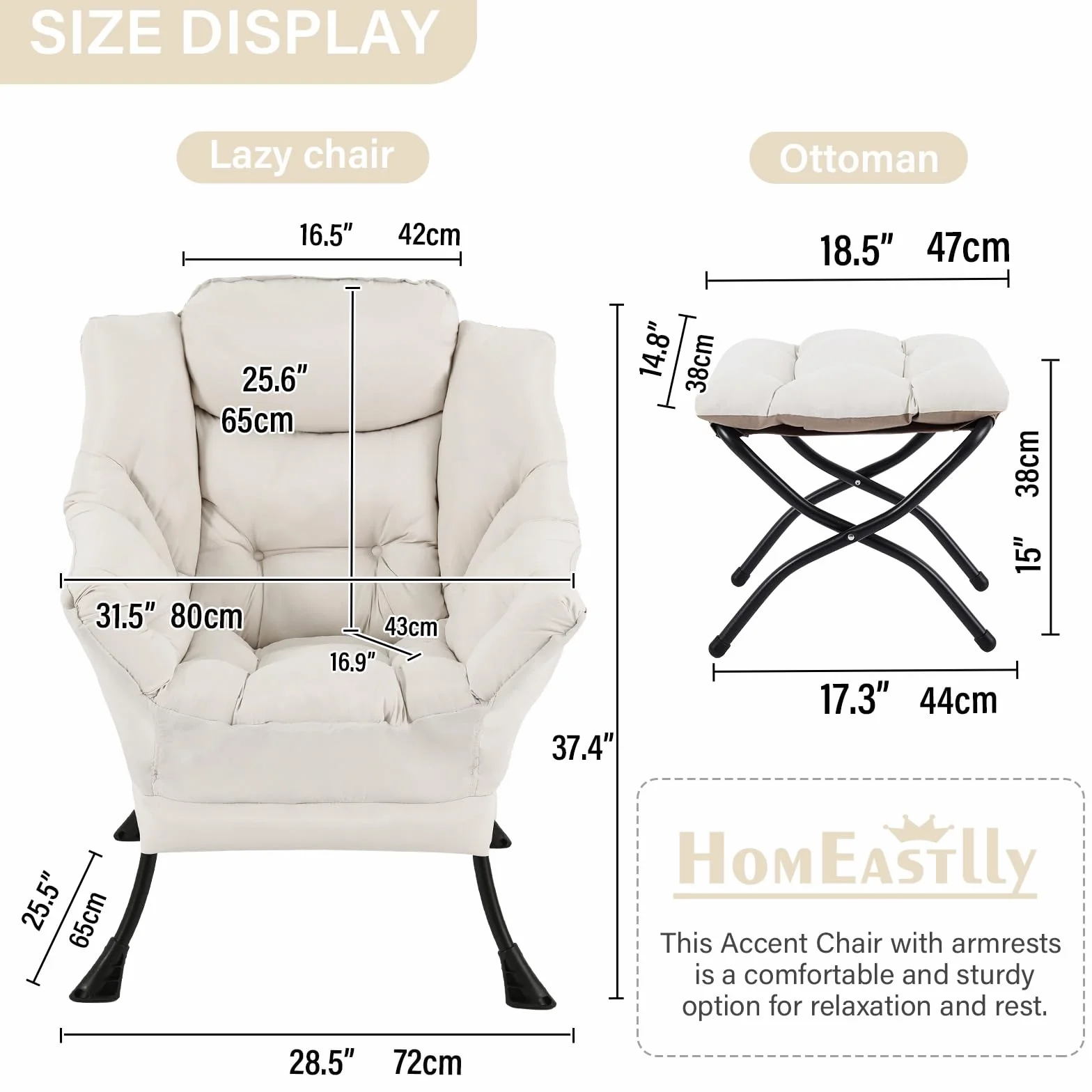 Lazy Chair with Ottoman, Soft Comfy Chair for Bedroom, Beige | Reading Accent Lounge Chair with folding Foot Stool for Living Room Dorm Apartment, sturdy metal frame