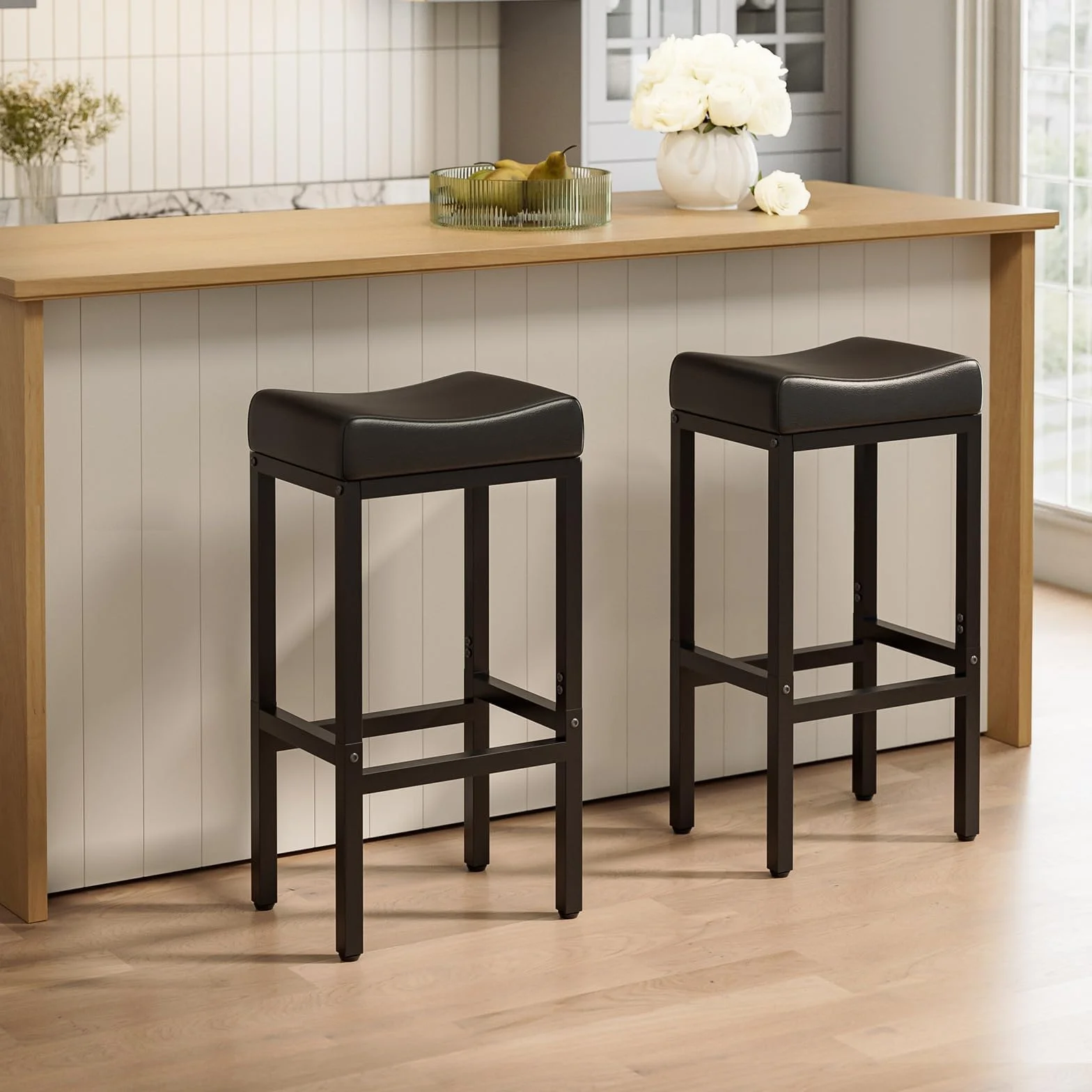 Bar Stools Set of 2-24 Inch Counter Height Chairs for Kitchen Island, Leather Seat with 400 LBS Heavy-Duty Metal Frame and Adjustable Feet, Easy to Assemble for Bar, Café or Dining Room,Black
