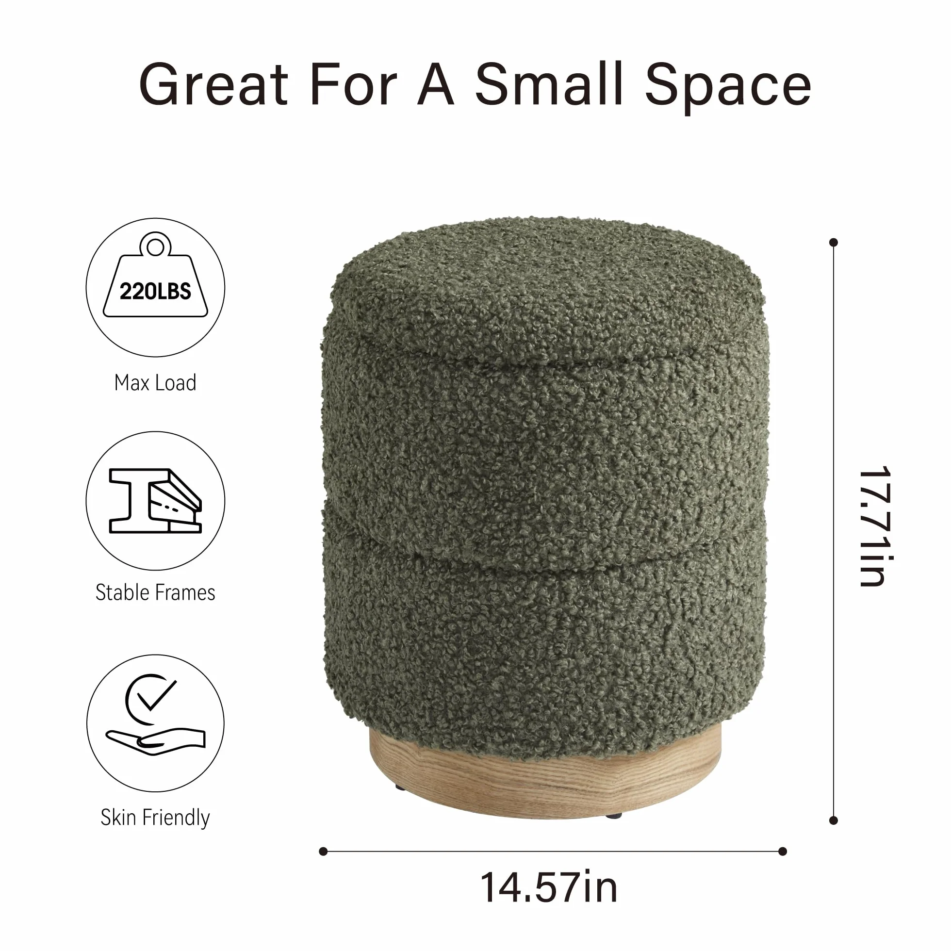 Round Ottoman with Storage, Modern Boucle Ottoman Upholstered Foot Stool with Wood Base, Vanity Stool Chair, Footrest Extra Seat for Living Room Bedroom Entryway (Olive Green)