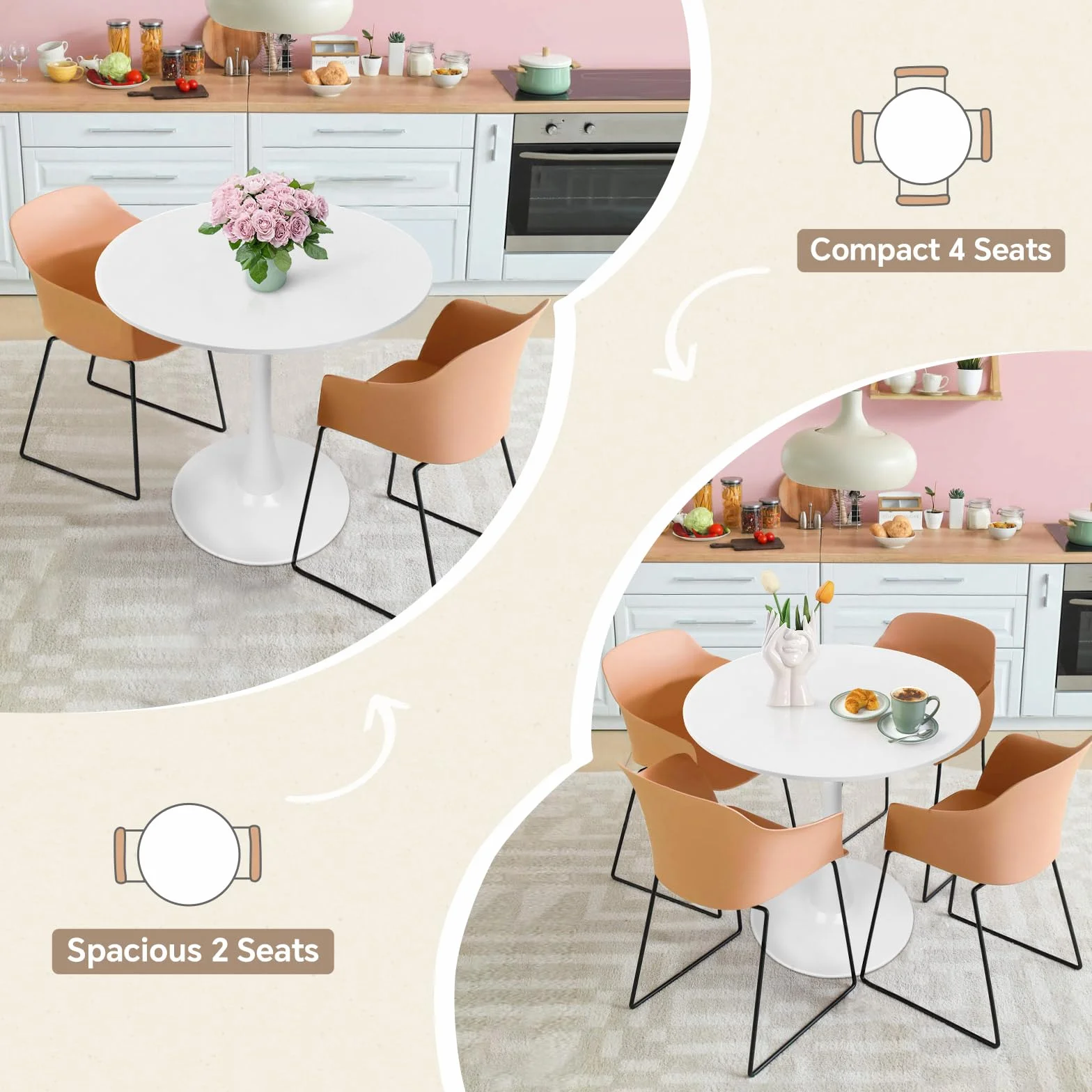 27.5" Tulip Round Dining Table with Metal Pedestal White | Mid-Century Modern Circle Table for 2-4 People for Small Kitchen Living Room, Cafe, Bistro