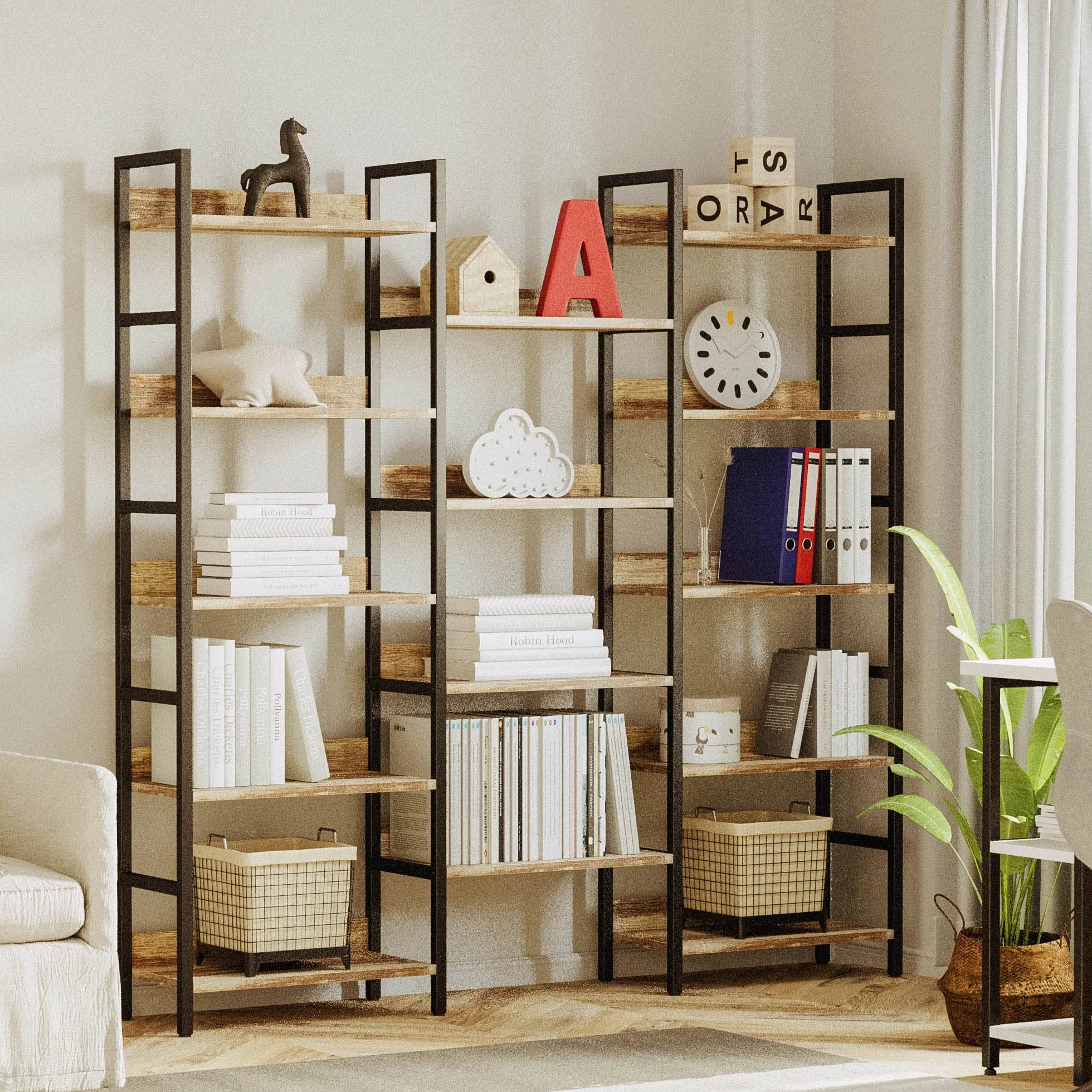 IRONCK Book Shelf, Bookshelves and Bookcases, 5 Tiers Bookshelf with Baffles, Large Bookshelf with Metal Shelving, Triple Wide Shelves for Living Room, Home Office