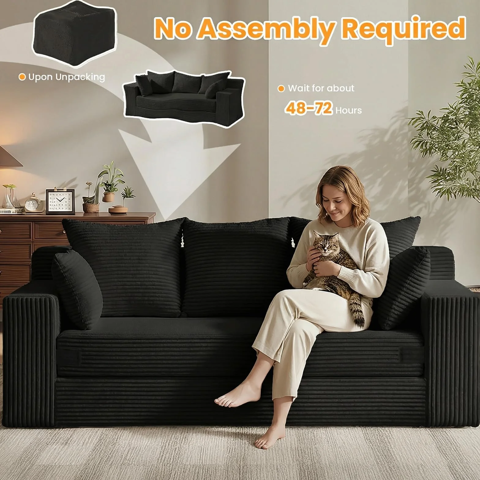 Convertible Sofa Bed, Pull Out 3 Seater Sleeper Sofa, 70" Black Boneless Couch Fold Out Floor Couch with 5 Pillows for Living Room Bedroom Lounge Small Space