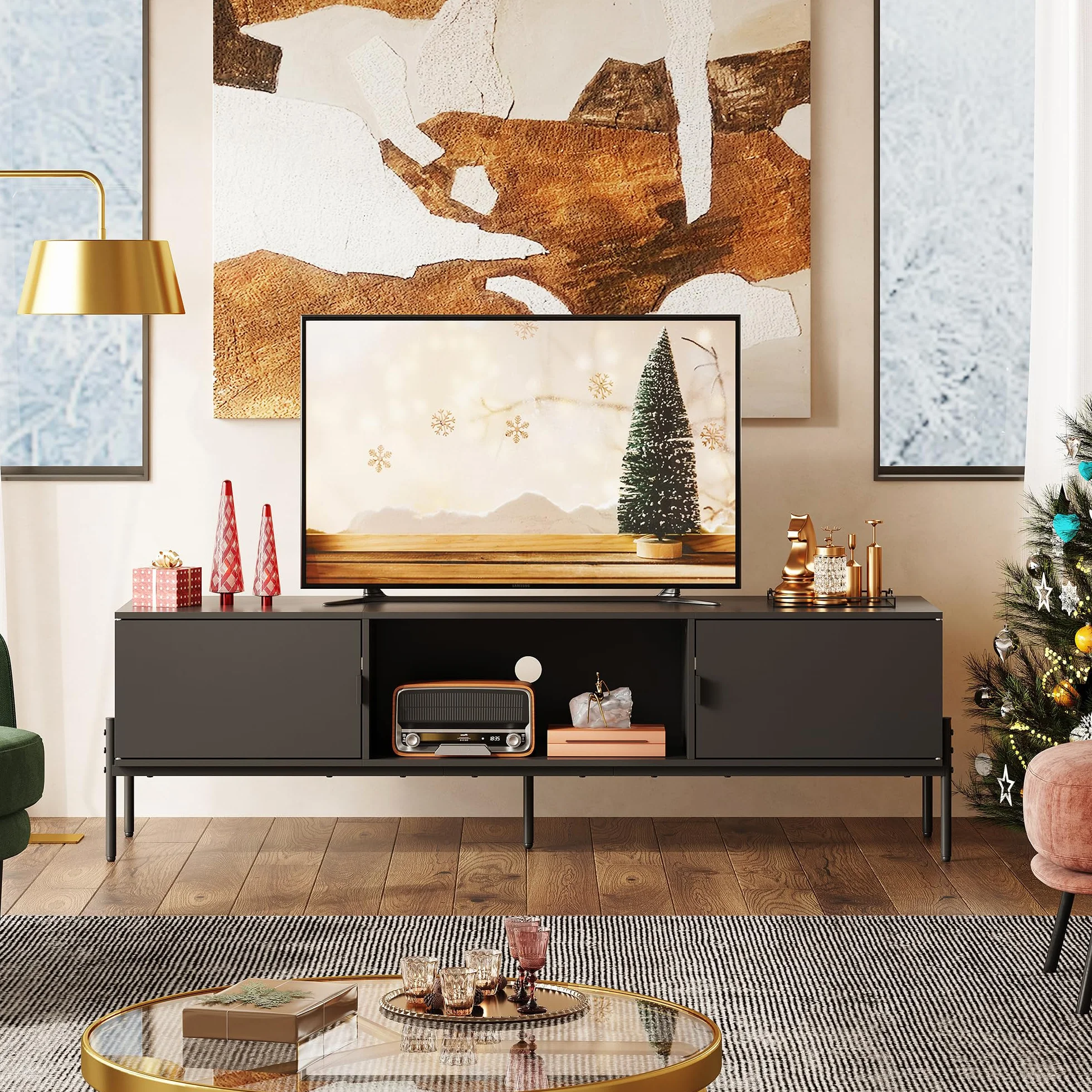 WLIVE 58" TV Stand for 65 Inch TVs, Mid Century Modern Entertainment Center with 2 Storage Cabinets & Open Shelf, Media Console Table with Metal Legs for Living Room, Bedroom, Black