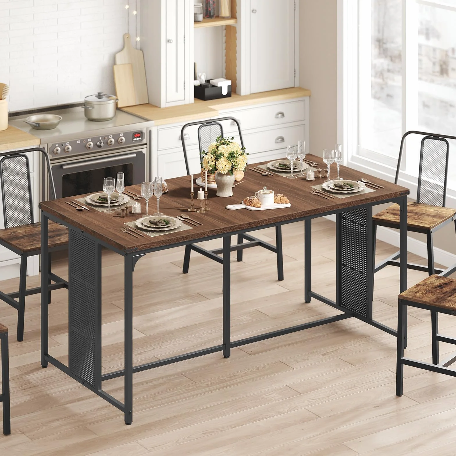 63" Dining Table for 6-8 People, Modern Large Kitchen Table | Heat-Resistant Tabletop, Unique Rectangular Dinner Table, Wooden, Quick Assembly, for Dining Room, Kitchen, Natural Walnut
