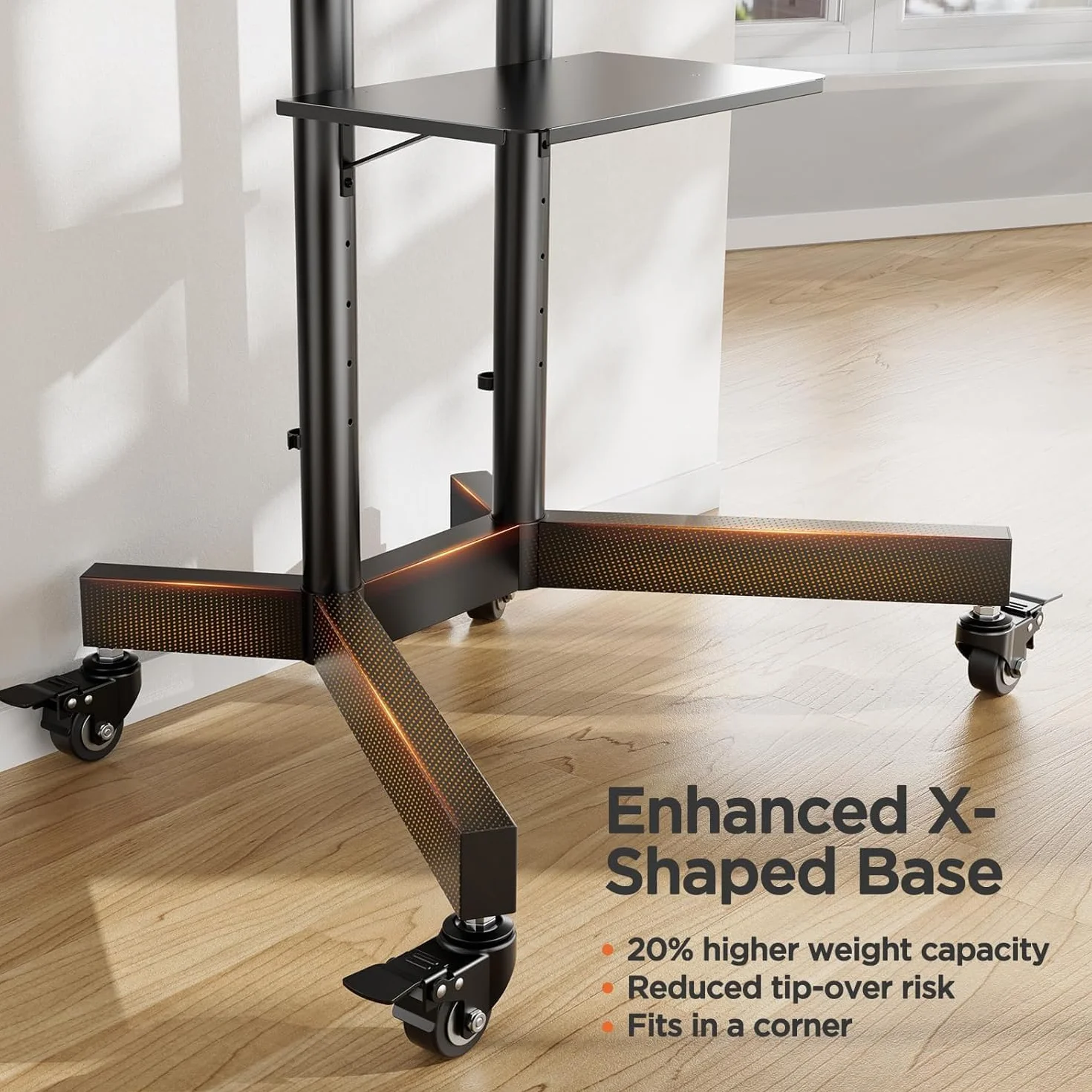 Perlegear Rolling TV Stand, Mobile TV Stand on Wheels for 32-85 Inch Screens up to 132 lbs, Height Adjustable Mobile TV Cart with Metal Shelf, Rolling TV Cart with Lockable Wheels Max VESA 600x400mm