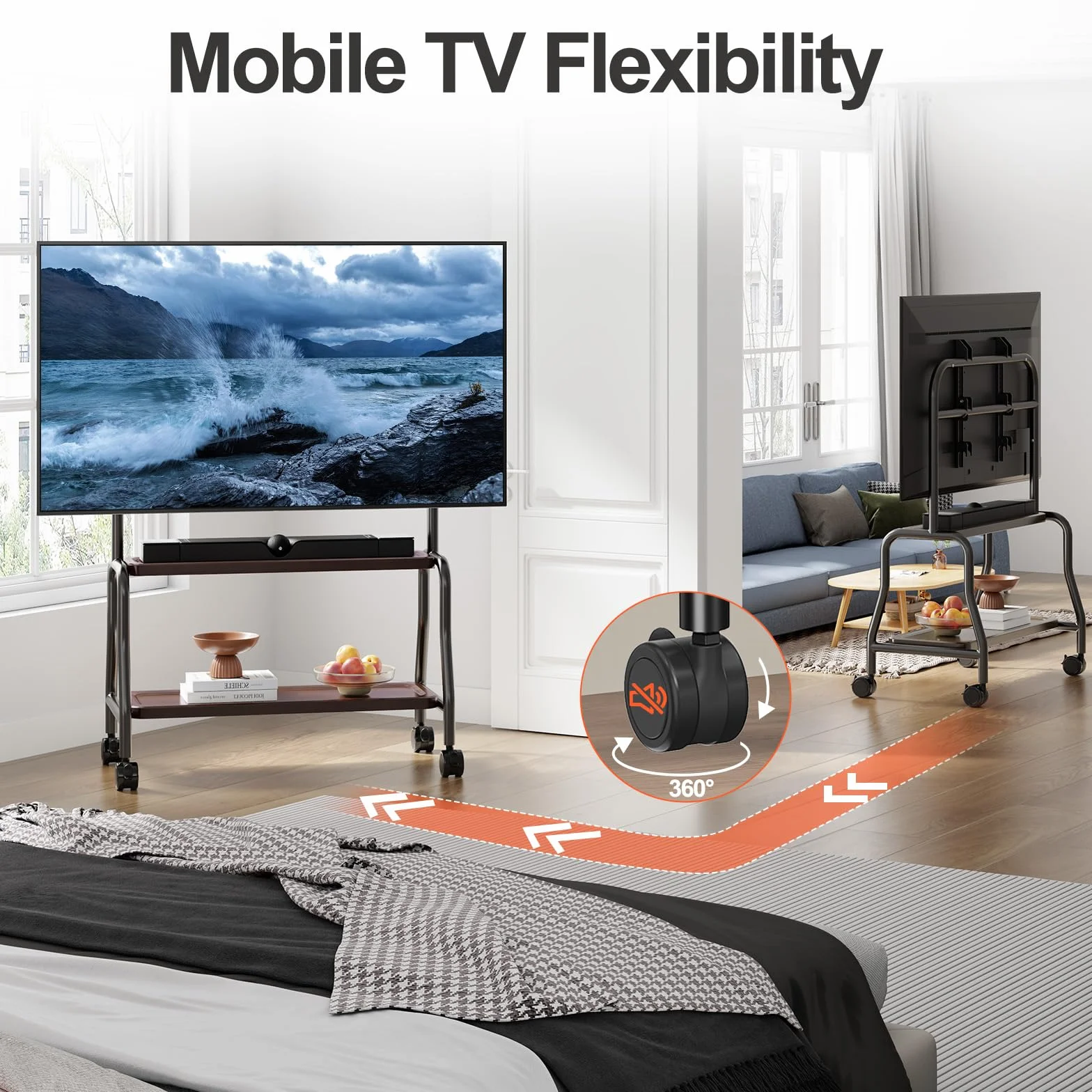 Easel Rolling TV Stand with Wheels for 32-75 Inch TVs, Decorative Mobile TV Cart with Double Wood Shelves, Portable Floor TV Stand for Living Room Office Classroom, VESA 600x400, 110 lbs