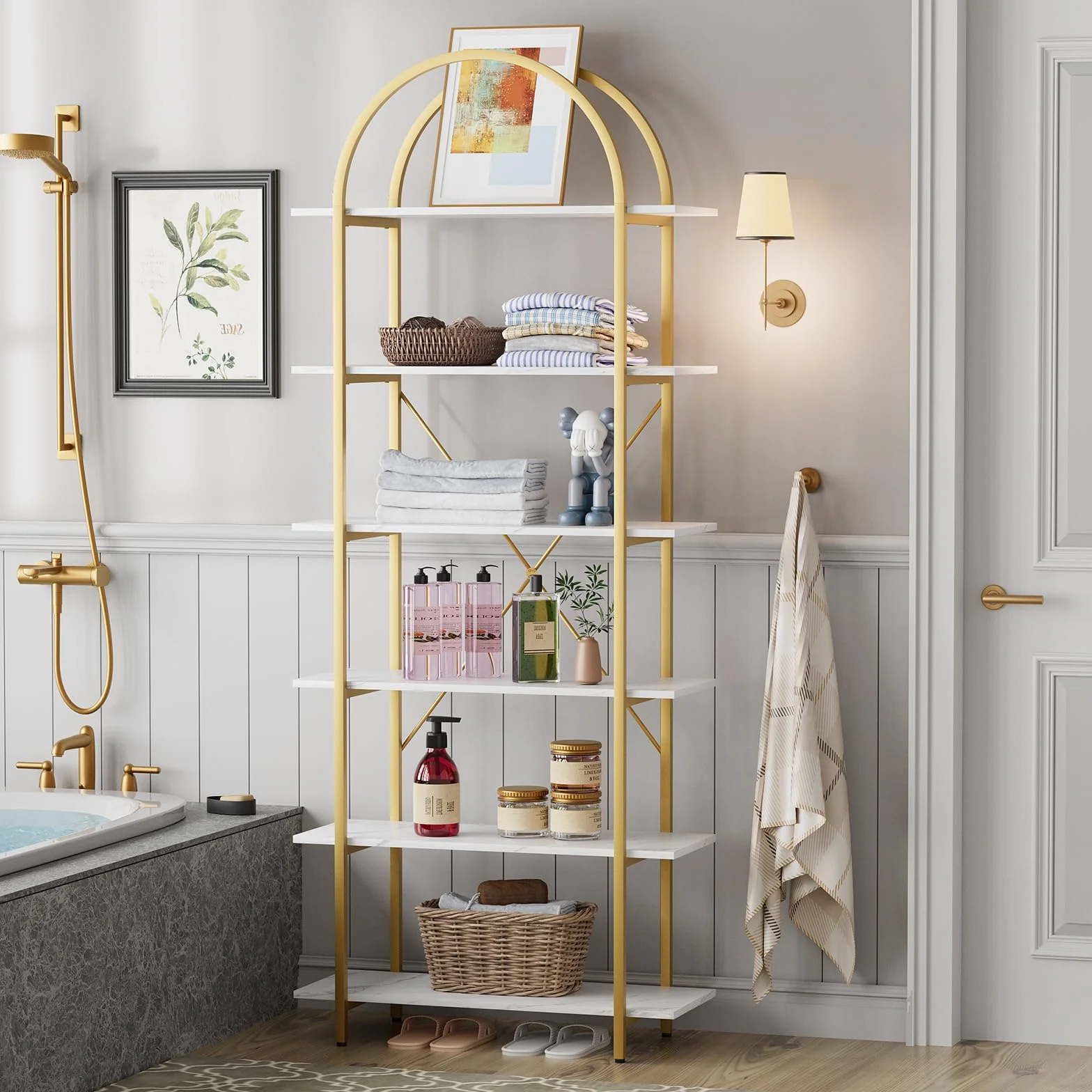 Arbuxzuy 6 Tier Bookshelf, 83" Tall Arched Bookcase, Tall Book Shelf with Metal Frame, Modern Display Standing Shelf for Living Room, Home Office, Bedroom, Gold