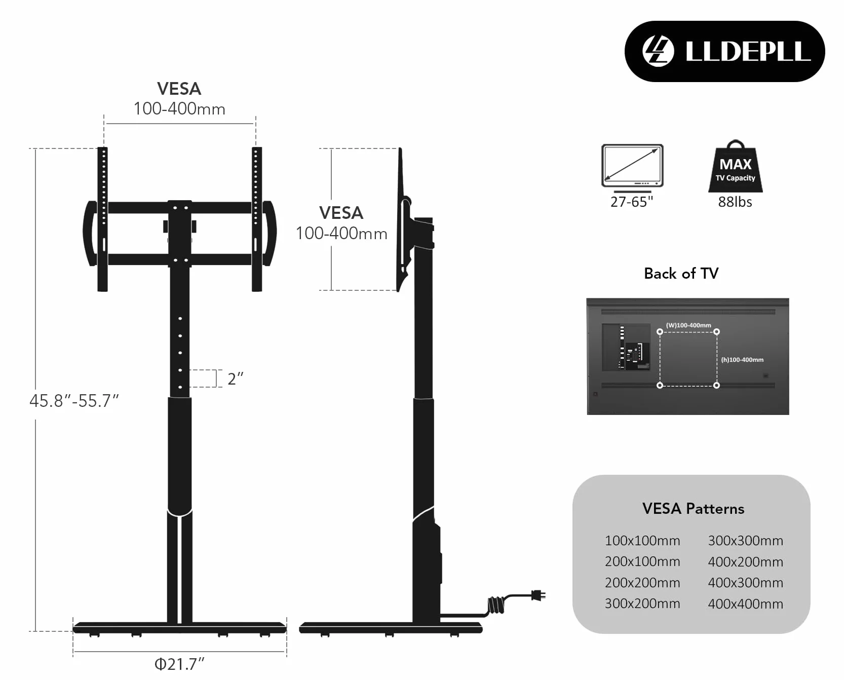 Floor Mobile TV Stand with Power Outlet, Rolling TV Cart for 27-65 Inch OLED LED Monitors, 6 Levels of Height Adjustment, Ambient Lighting on The Bottom Wheels Holds up to 88lbs, 400x400mm