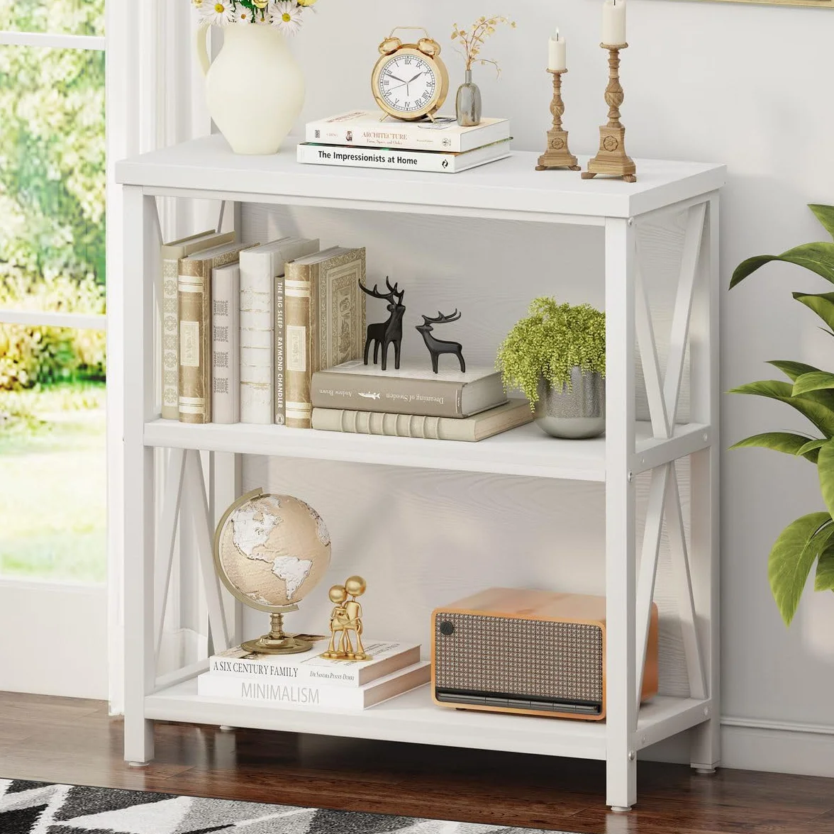 Small Bookshelf for Small Space, Short Rustic Low Bookcase, Modern Wood and Metal Book Shelf and Narrow Book Case for Living Room, Hallway (White Oak)