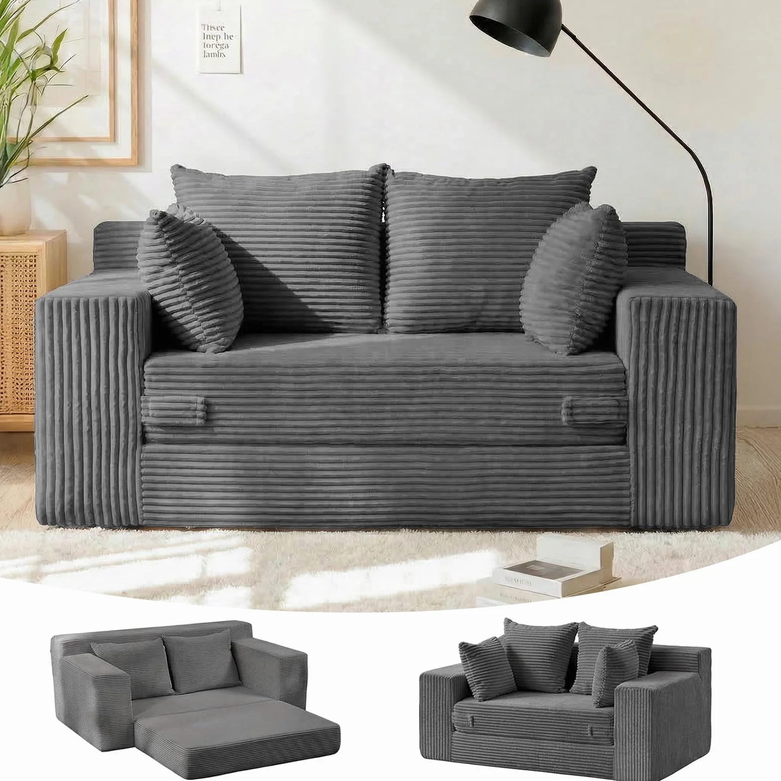 Winzon Boneless Loveseat, 3 in 1 Convertible Sofa Bed Sleeper Sofa Floor Futon Bed with 4 Pillows, 55" Grey Boneless Couch for Living Room, Guest Room, Small Space, No Assembly Required, Corduroy