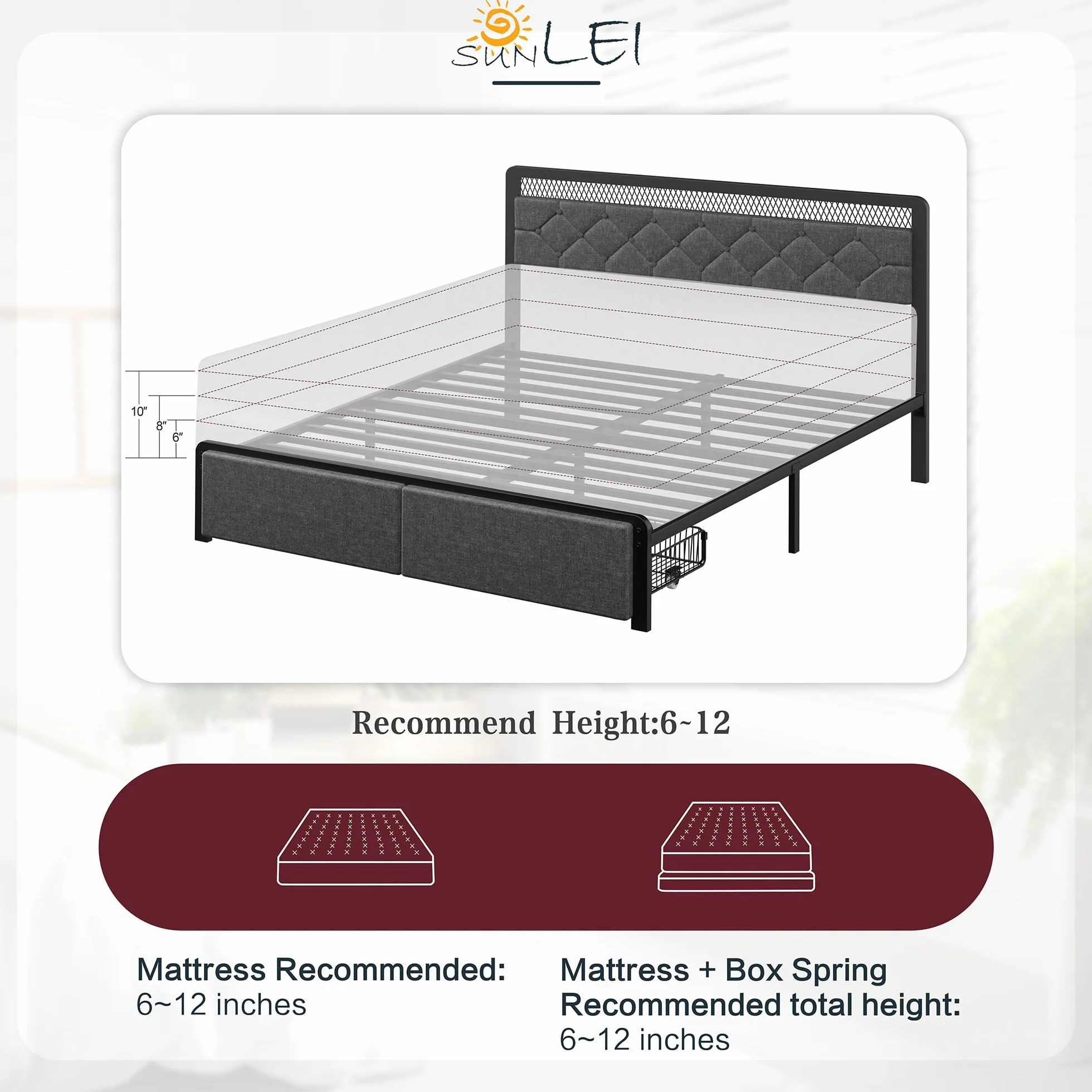 Queen Size Bed Frame with 2 Drawers, Upholstered Platform Bed Frame Queen with Led Light, Metal Platform Bed, Easy Assembly, No Box Spring Needed, Grey