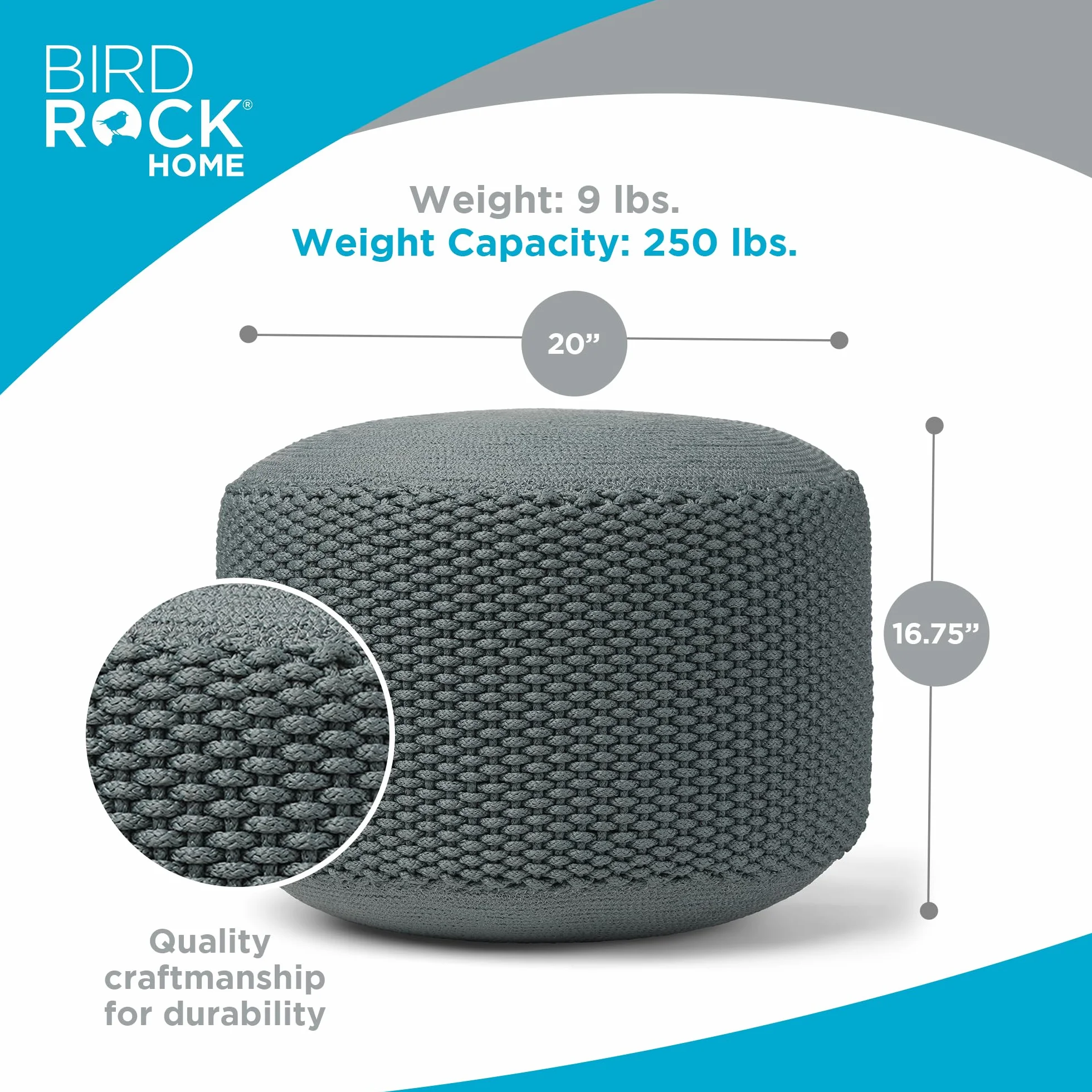 BIRDROCK HOME Outdoor Pouf Ottoman - Mist - Woven Indoor or Backyard Patio Use - Floor Footstool for Living Room- Knit Bean Bag - Oversized Padded Chair - Moroccan Foot Rest