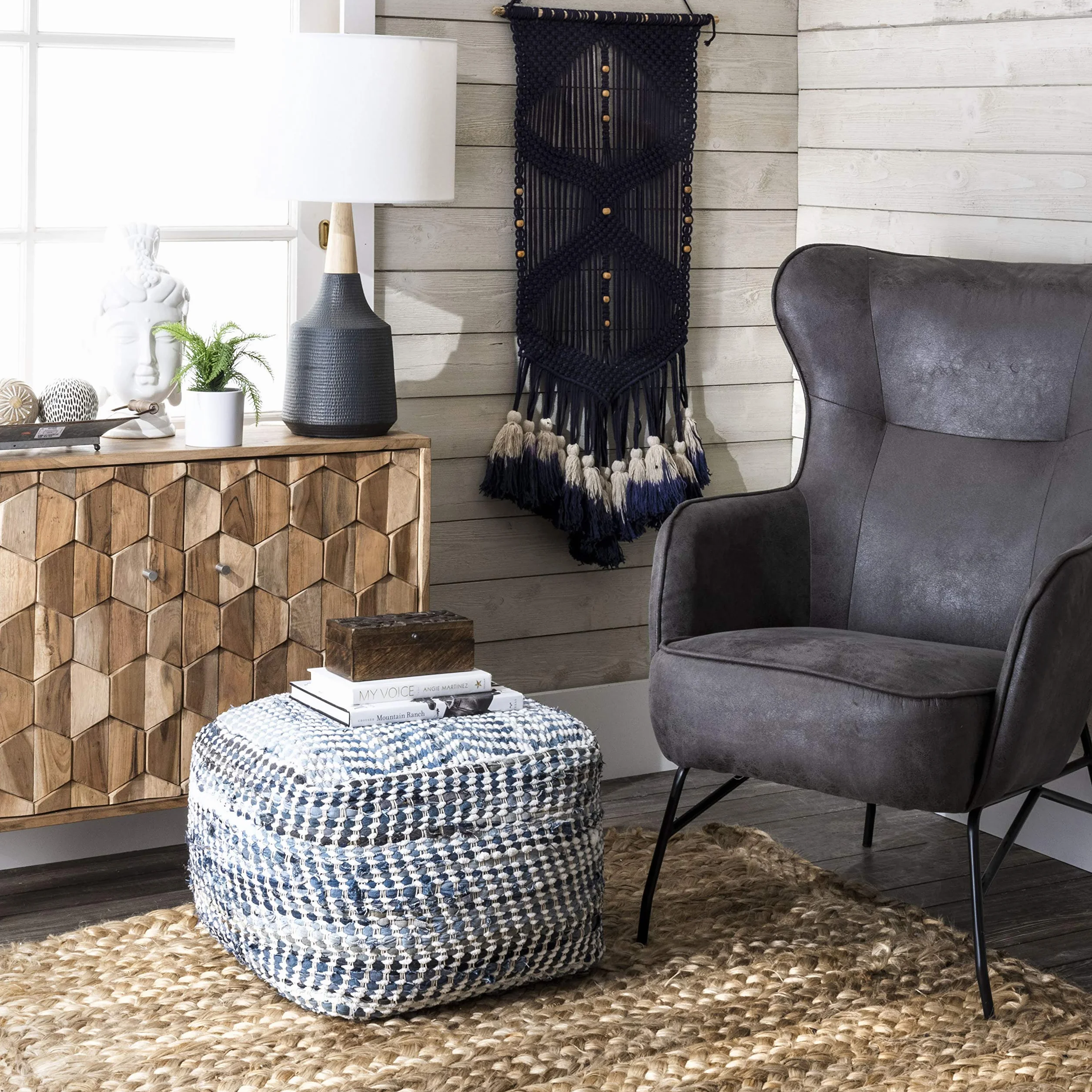 nuLOOM Seville Handmade Denim Textured Filled Ottoman Pouf