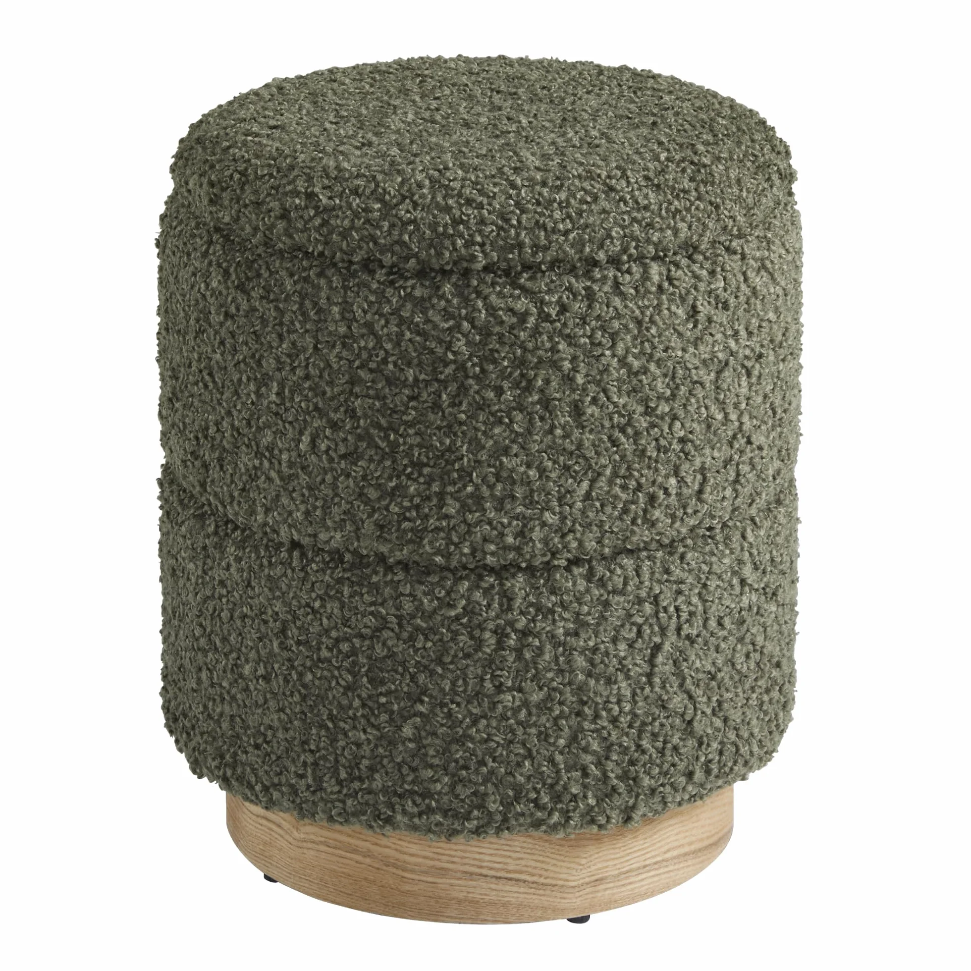 Round Ottoman with Storage, Modern Boucle Ottoman Upholstered Foot Stool with Wood Base, Vanity Stool Chair, Footrest Extra Seat for Living Room Bedroom Entryway (Olive Green)