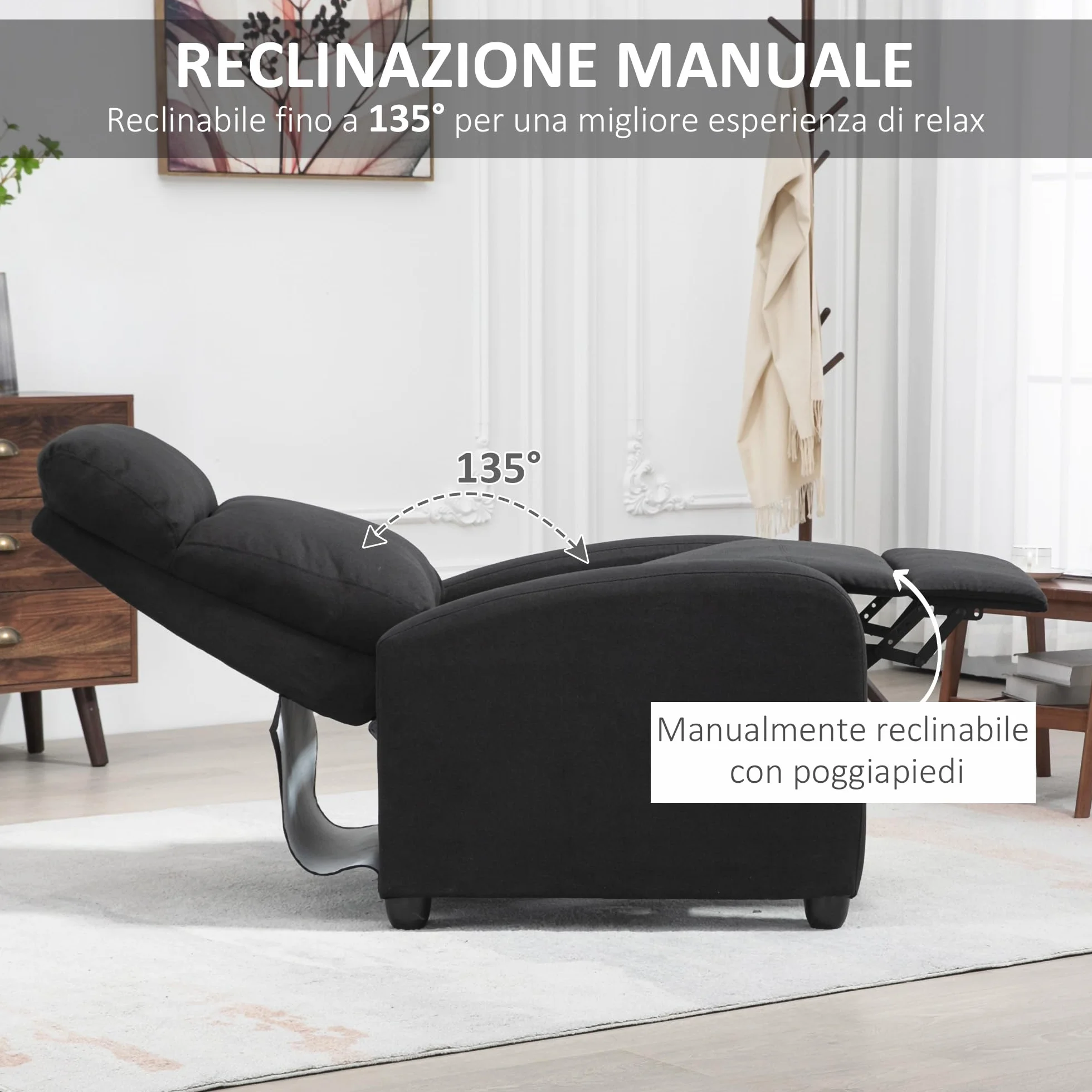 HOMCOM Manual Reclining Relax Armchair with Footrest, Reclining Armchair Upholstered in Linen and Steel Effect Fabric for Bedroom, Living Room and Living Room, Black