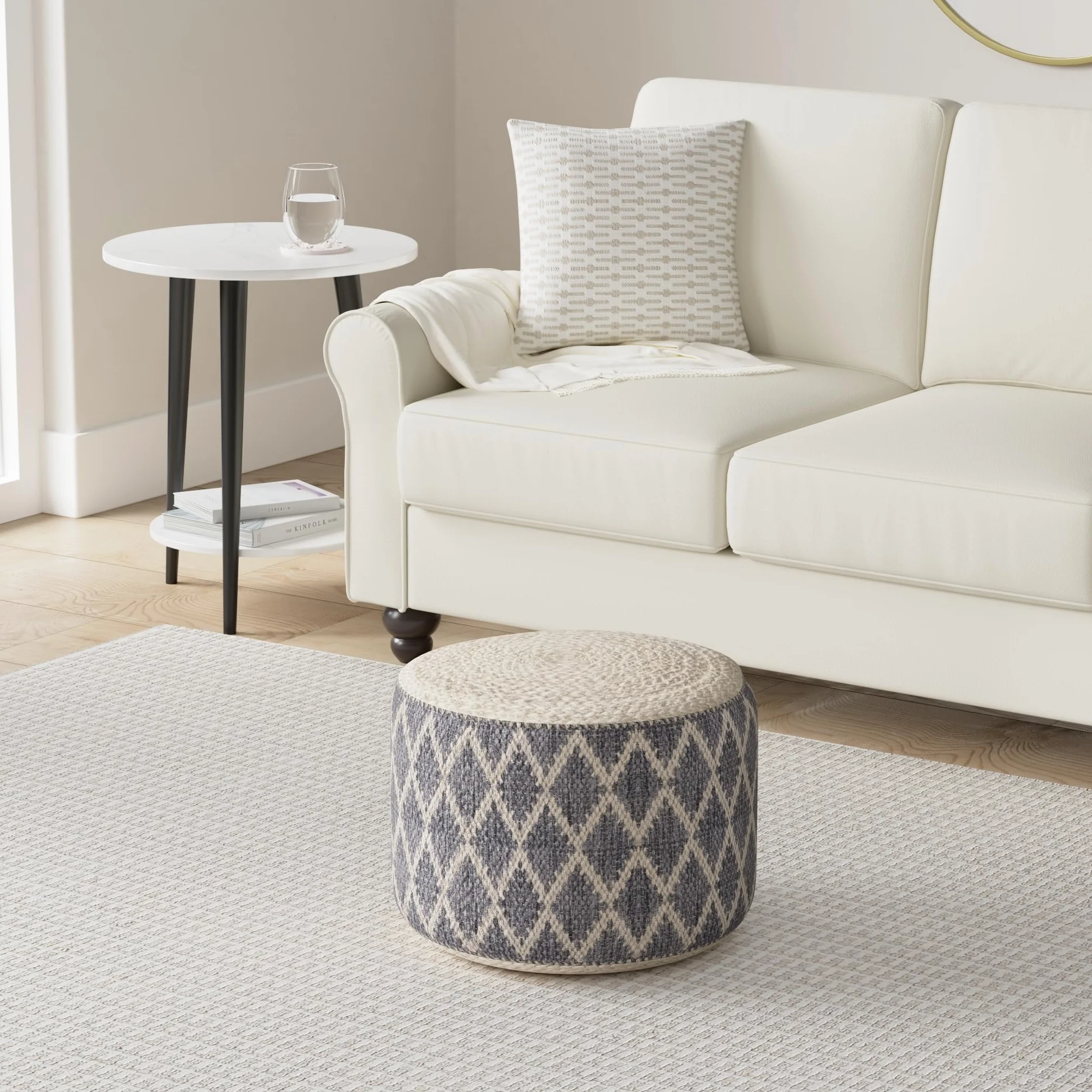 SIMPLIHOME Edgeley 18" Wide Round Pouf in Grey/Natural Jute and Cotton