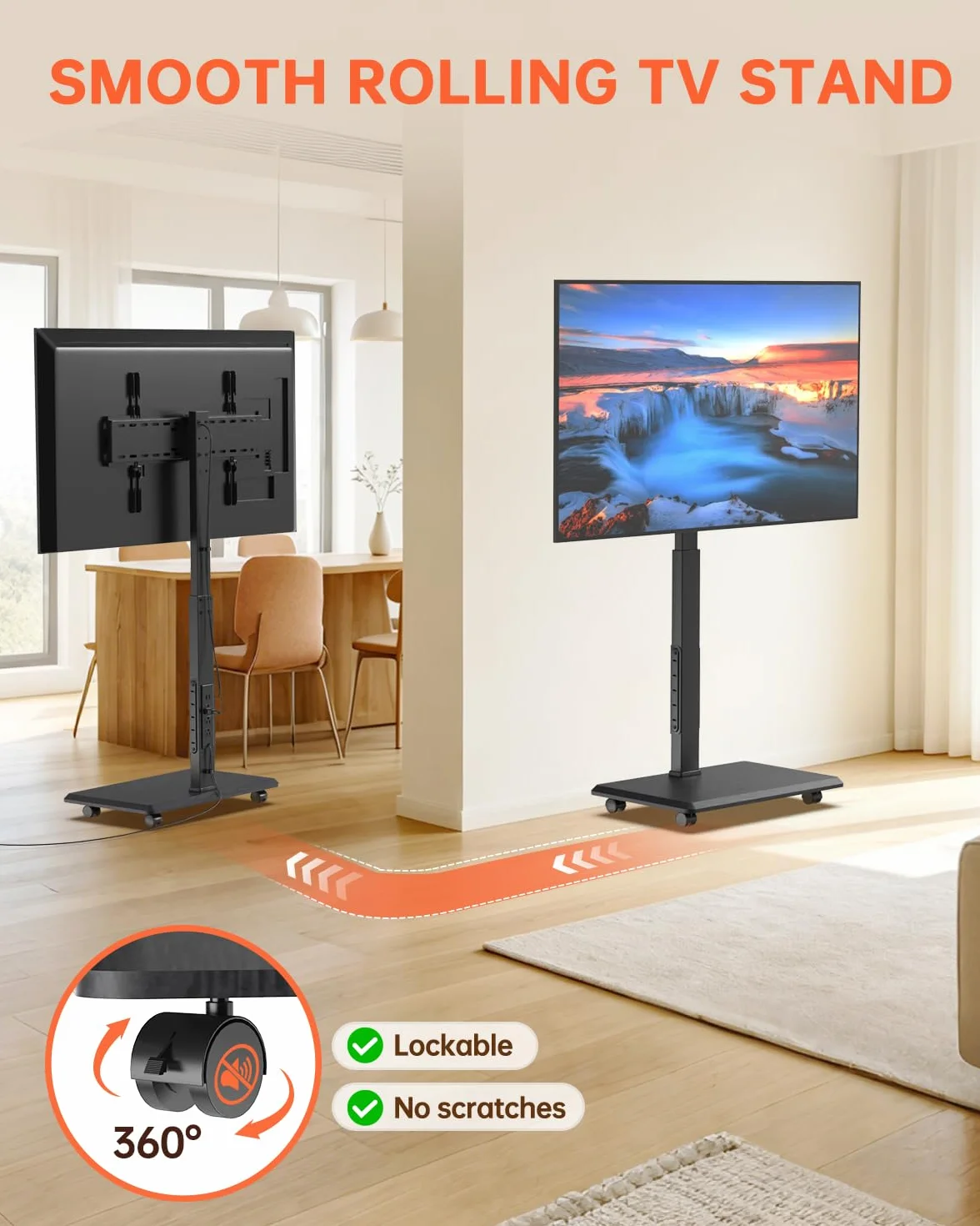 Afaloona Rolling TV Stand for 32-75" TV with Power Outlet,Height Adjustable | Mobile TV cart with 18 height settings, up to 110 lbs, ±30° swivel and Max VESA 600×400mm for homes, offices and classrooms.