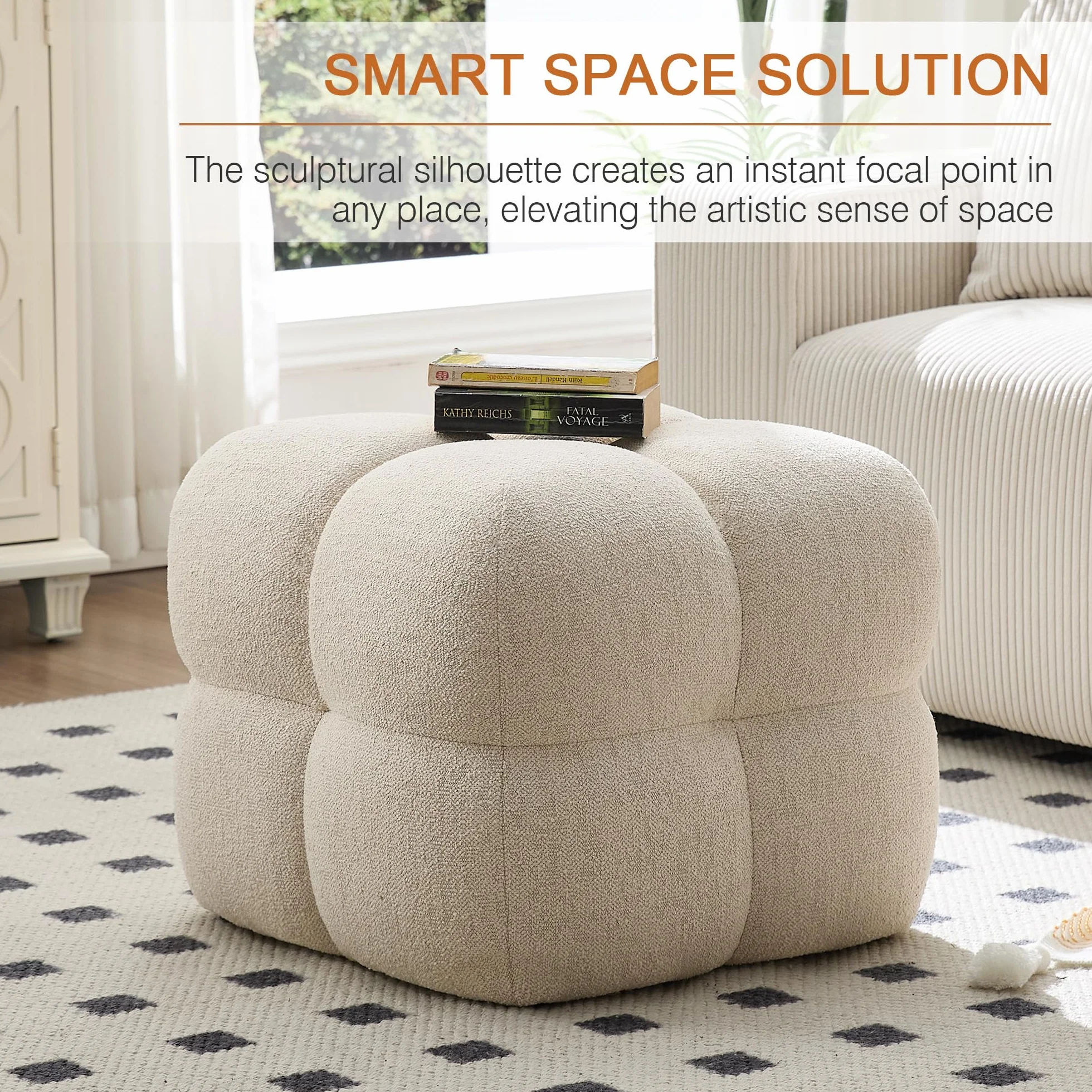 Zesthouse Square Pouf Ottoman Footstool, Modern Vanity Chair for Bedroom | Linen Fabric Foot Rest for Couch, Upholstered Tufted Footstool, Poofy Ottoman Seat for Living Room Dorm Fluffy Ottoman Beige