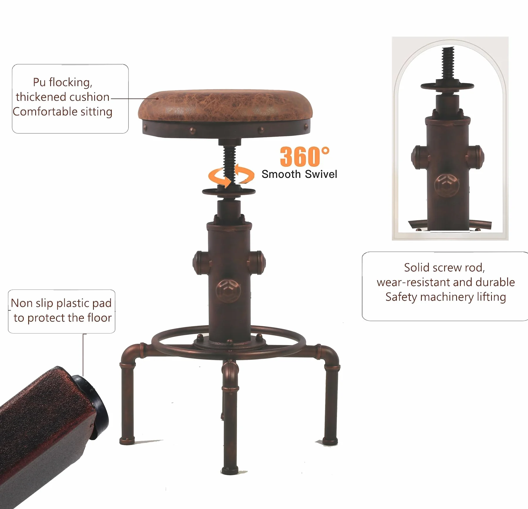 Topower Antique Vintage Industrial Barstool PU Leather Water Pipe Fire Hydrant Design Cafe Coffee Industrial Bar Stool Set of 2 Red Bronze