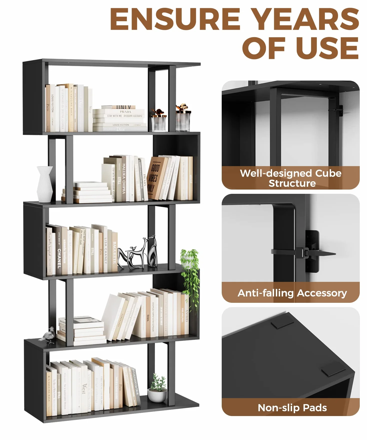 5-Tier Geometric Bookcase,S Shaped Bookshelf, Wood Decorative Storage Shelving, Modern Freestanding Display Shelves, Tall Book Shelf Unit for Living Room Bedroom, Black