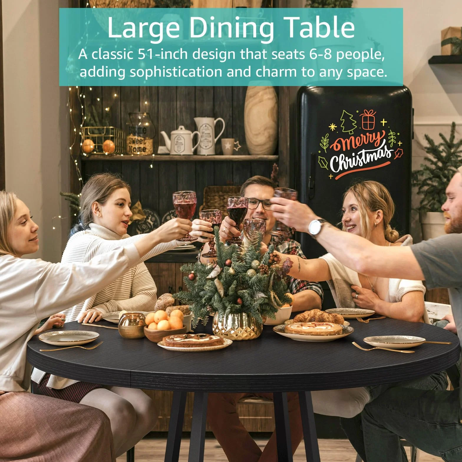 Black Round Dining Table for 6 - Modern Circle 51 Inch Large Room Kitchen Dinning Tables for 4 to 6 Person Seats Small Spaces Wood Dinner Mesa De Comedor Redonda
