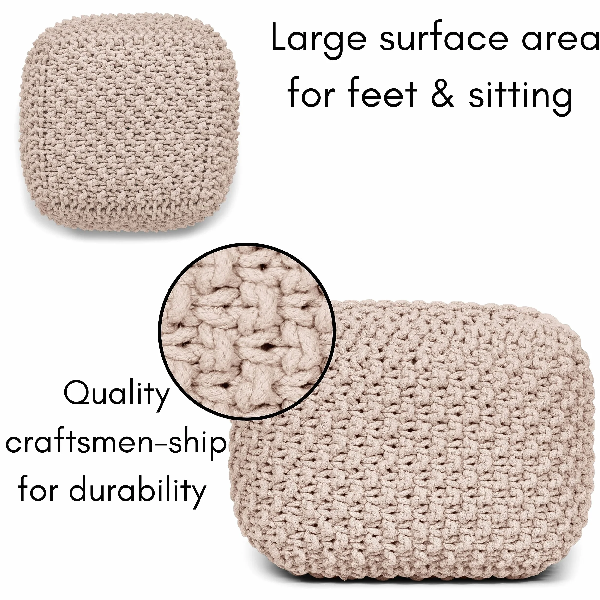 BIRDROCK HOME Square Pouf Ottoman - Cotton Braided Foot Stool with Bean Bag Filling - Compact and Comfortable Seating, Lightweight and Sturdy Boho Foot Rest for Living Room or Bedroom (Natural)