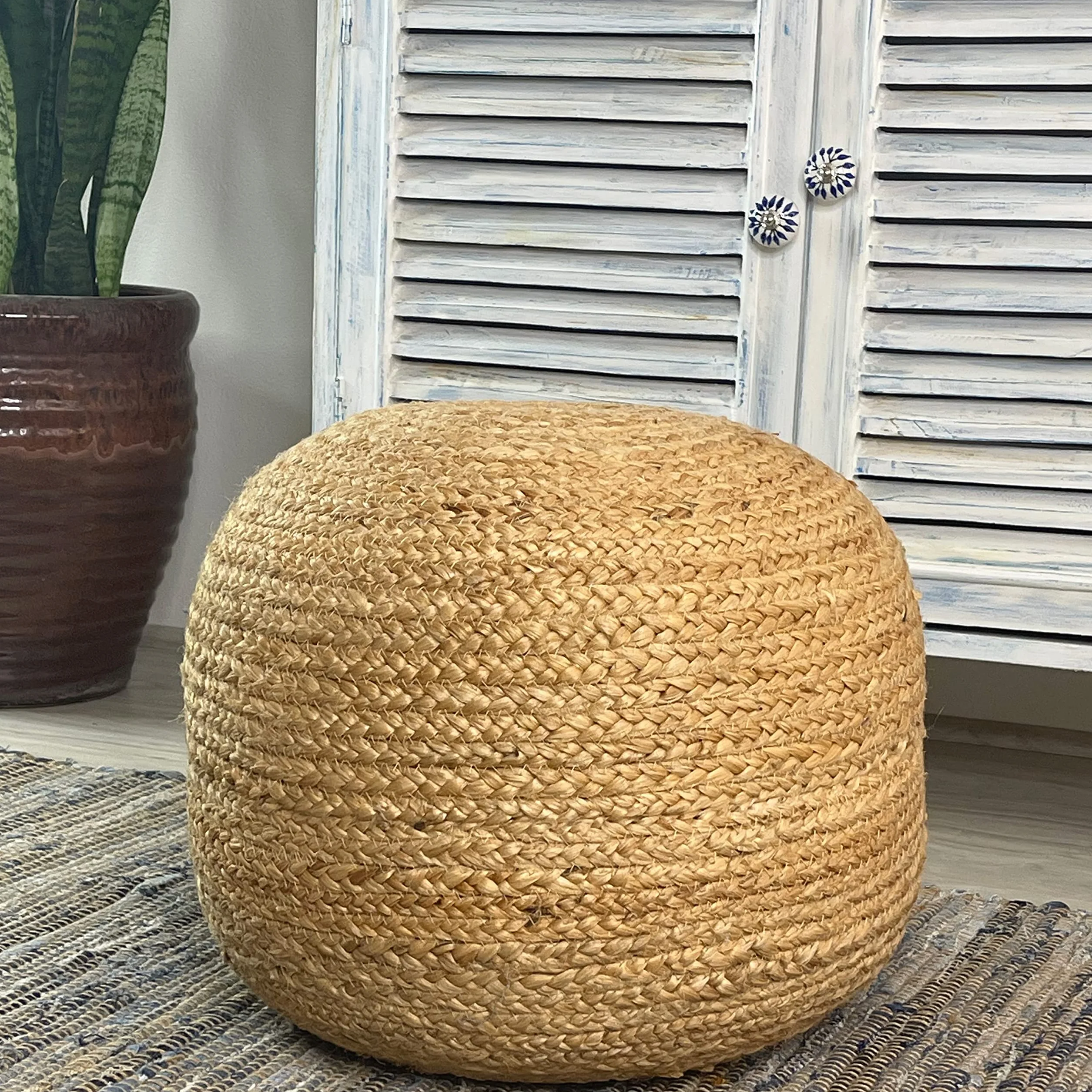 Chardin home- Natural Braided Ottoman Pouf - Cozy & Bohemian Jute/Hemp Hand Crafted Casual Seating for Home, Office, Bedroom, 18"x18"x14". (Golden Brown)