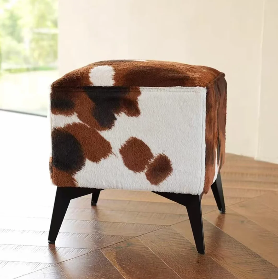 Brown Cow Print Ottoman, Faux Cowhide Footstool, Western Style | 16x16x17 Inch Cube Stool, Solid Metal Legs, Animal Print Ottoman, Farmhouse Decor for Living Room, Bedroom, Entryway