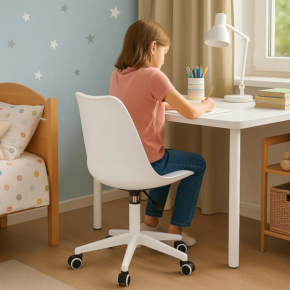 BAKAJI Modern Design Ergonomic Office Chair with Adjustable Height and High Density Padded Cushion, Swivel Seat with Swivel Wheels, Ideal for Home, Study (White)