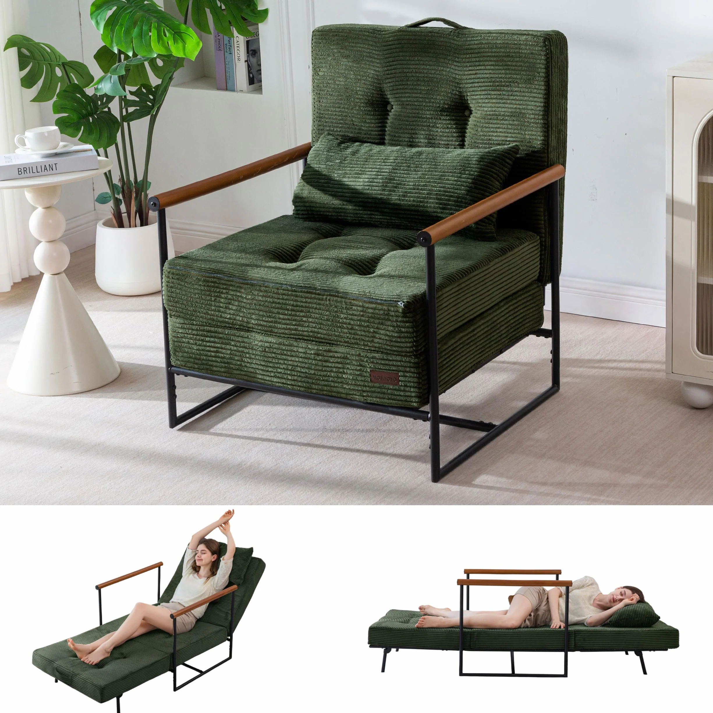 MAXYOYO Chair Bed, Adjustable Sleeper Chair, Single Sofa Bed with Frame | 2-in-1 Folding Lounge Chair, Adjustable Backrest and Tufted Corded Upholstery for Living Rooms or Bedrooms, Dark Green