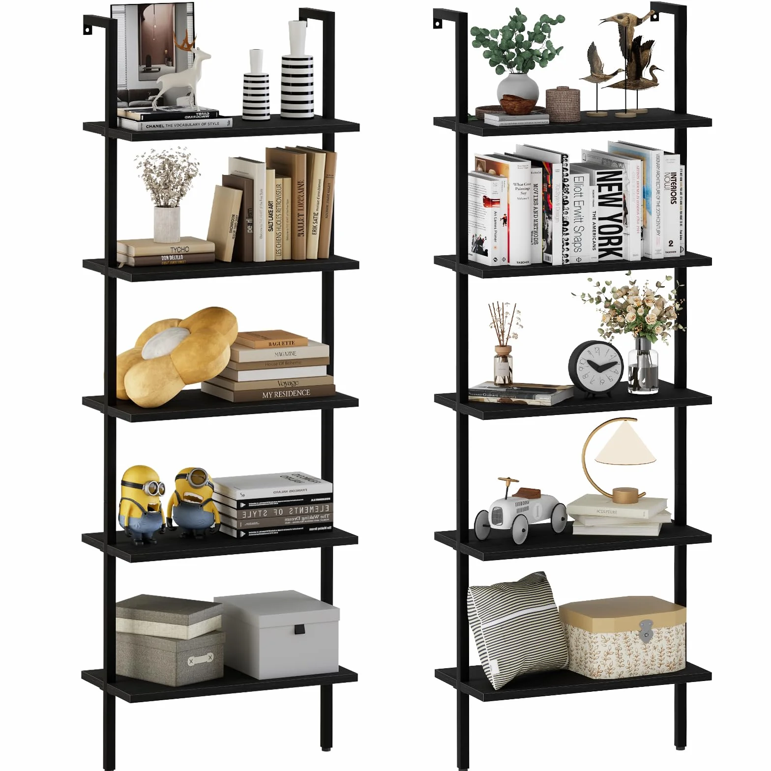 aboxoo Ladder Shelf 2PCS Open Bookshelf 5-Tier Wood Wall-Mounted Black Bookcase Storage Rack Open Industrial Modern Plant Stand Utility Organizer Bookcase Metal Frame Furniture Office Kitchen Bedroom
