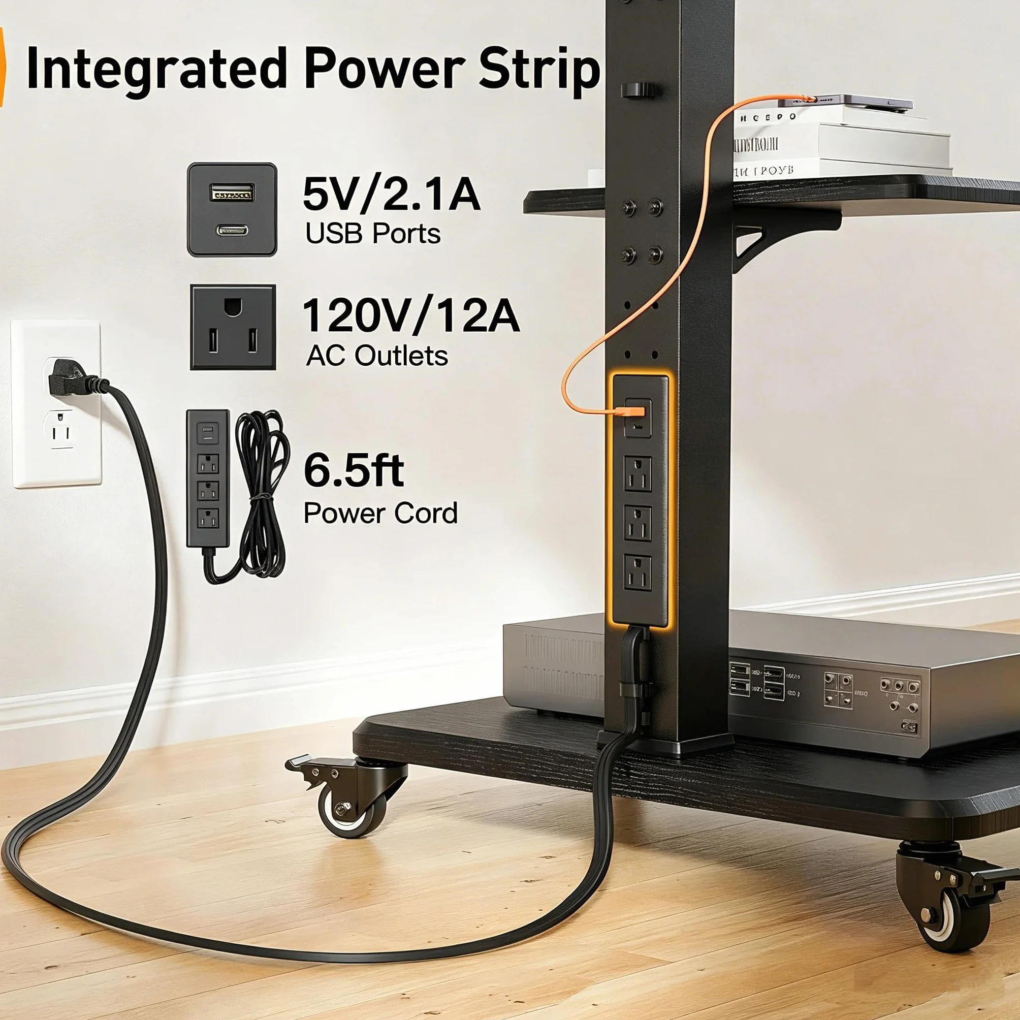 Perlegear Mobile TV Stand with Power Outlet, Tilt & Swivel Rolling TV Stand for 32-75 inches TVs up to 110 lbs, 12 Height Adjustable Rolling TV Cart with Wheels, Max VESA 600x400mm, PGTVMC17
