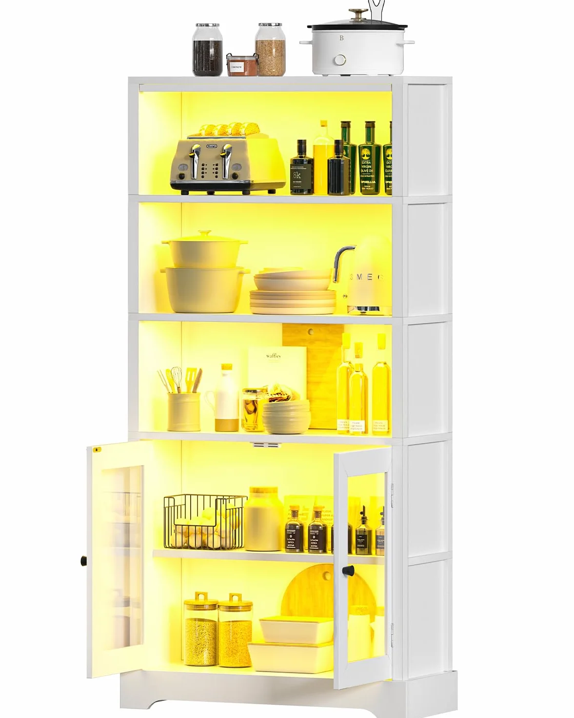 TVU 5-Tier Bookshelf, 65" Bookshelf with Multi-Color Ambient Lights (APP Remote Control), Tall Vertical Display Shelf with Cabinet Doors, Suitable for Living Room, Bedroom, Study, Office, White