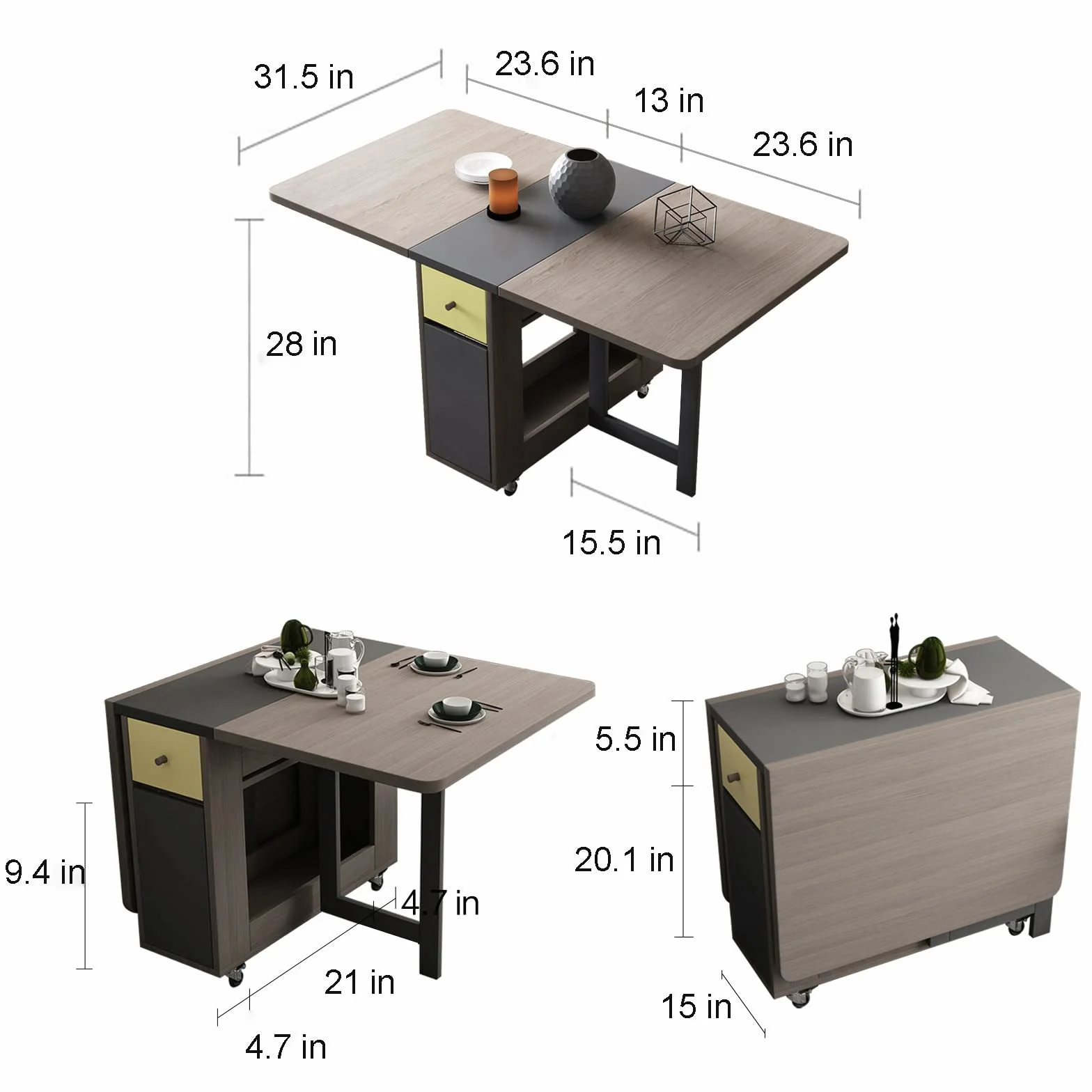 Drop Leaf Folding Dining Table with Storage, 2 Drawers, Grey | 3 Foldable Forms, Space Saving, Movable on Casters, for Kitchen Dining Living Room, Extendable, Versatile