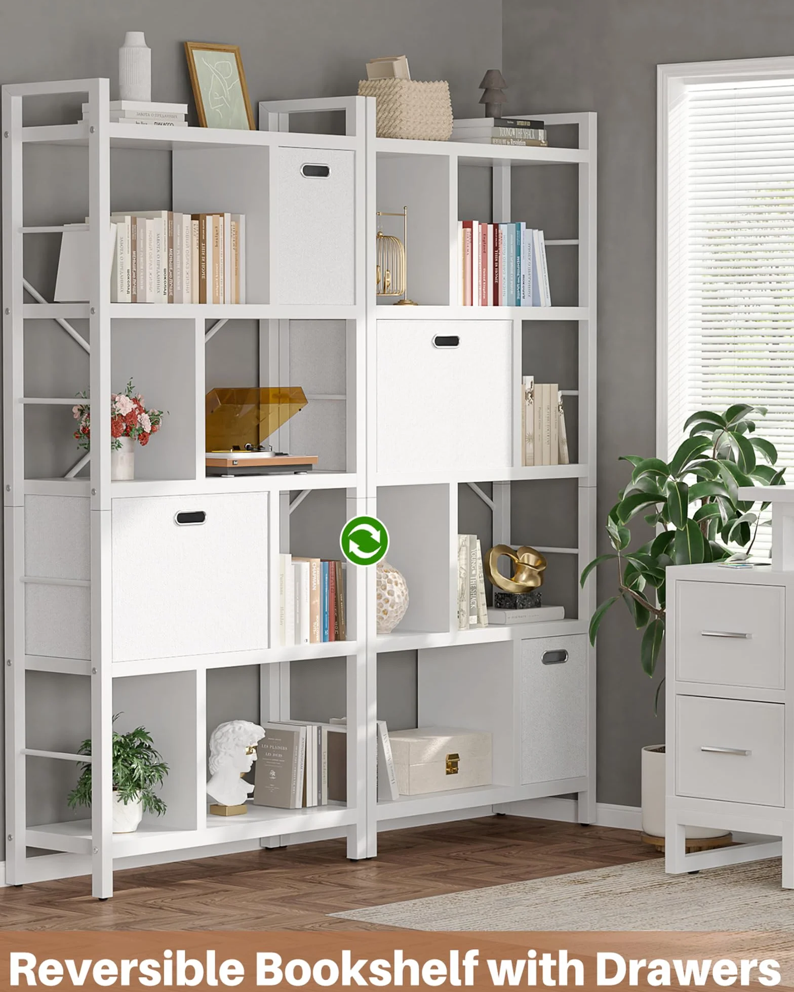 Bookshelf with Drawers - 5 Tier Tall Bookcase Geometric Modern Book Shelf Display Standing Bookshelves with Storage for Living Room, Bedroom Home Office, White