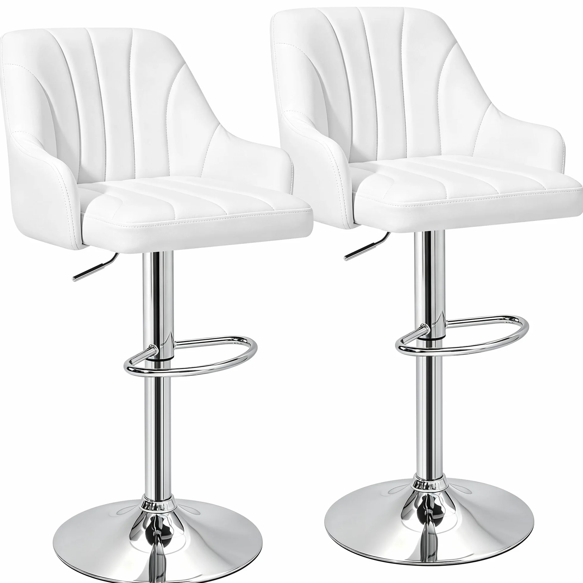 VECELO Bar Stools Set of 2, Adjustable Barstools, Counter Height Stools with Back and Arm, Kitchen Island Stools, Swivel PU Leather Stools, Modern Style, White