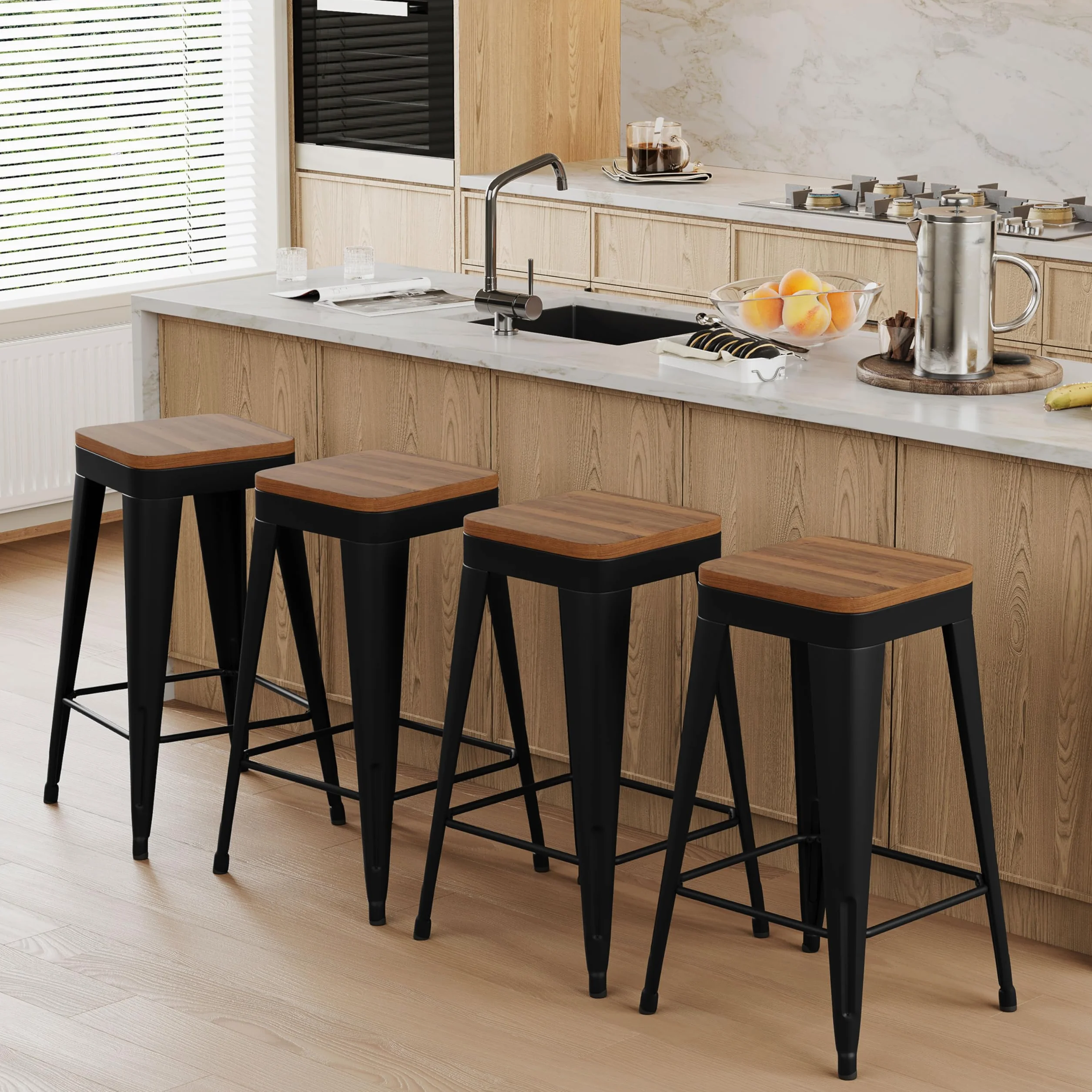 Bar Stools Set of 4 Metal Bar Stool Counter Height Bar Stools Black, Modern 24" Bar Chairs Without Back,Wooden Seat Bar Stool Counter Height