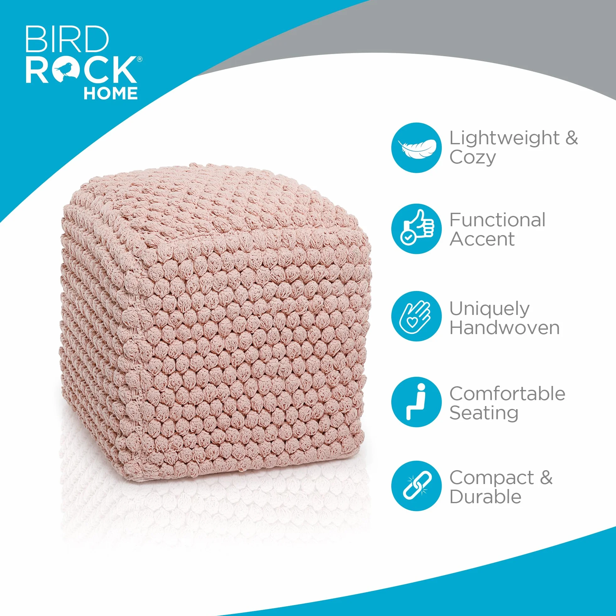 BIRDROCK HOME Square Pouf Ottoman Foot Rest - 18” Compact Comfortable Soft Cotton Knit Bean Bag Floor - Chair Foot Stool Seat for Living Room, Bedroom, or Kids Room (Dusty Rose Pink Bud)