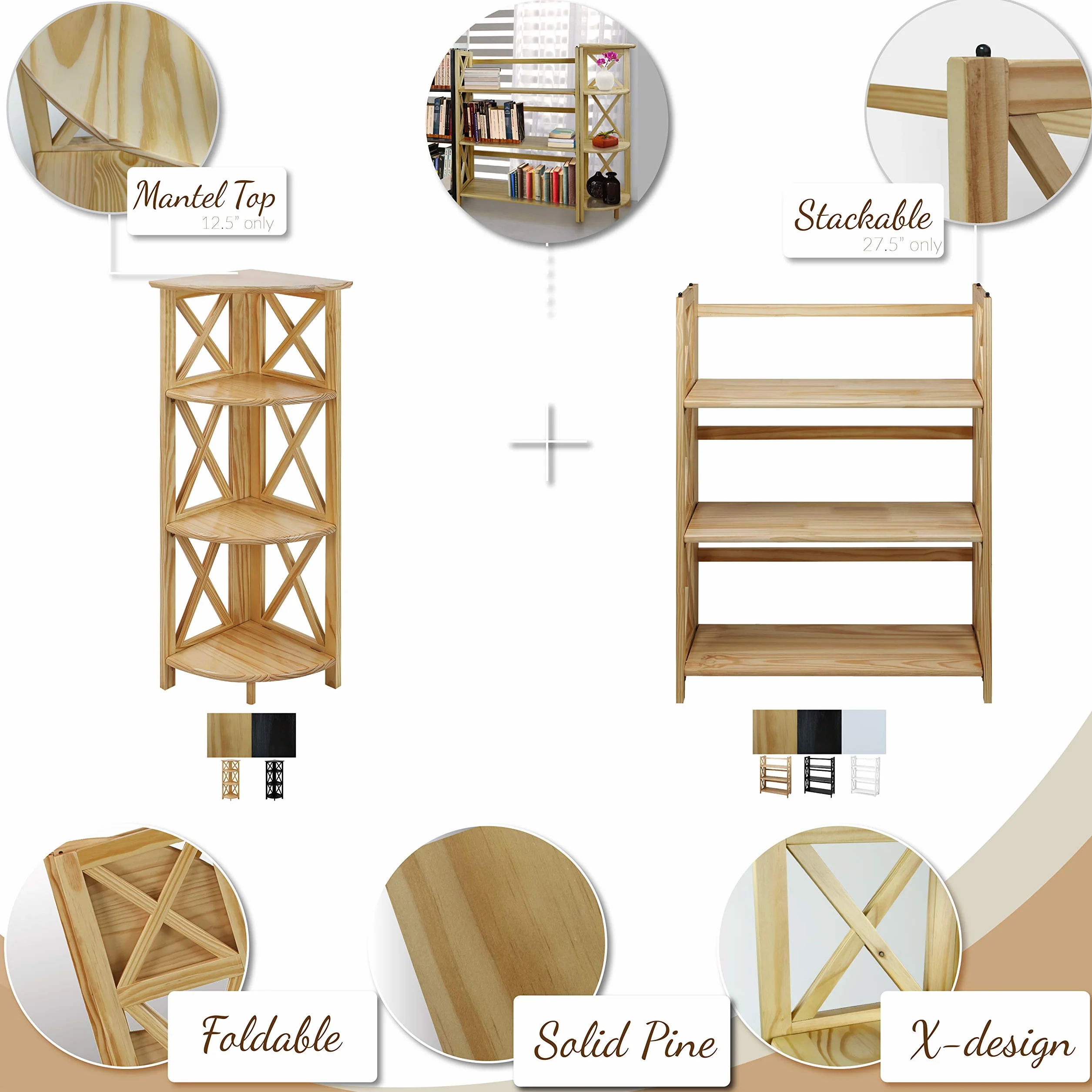 Casual Home Montego 3-Shelf Folding Bookcase, Natural , 27.5" Wide