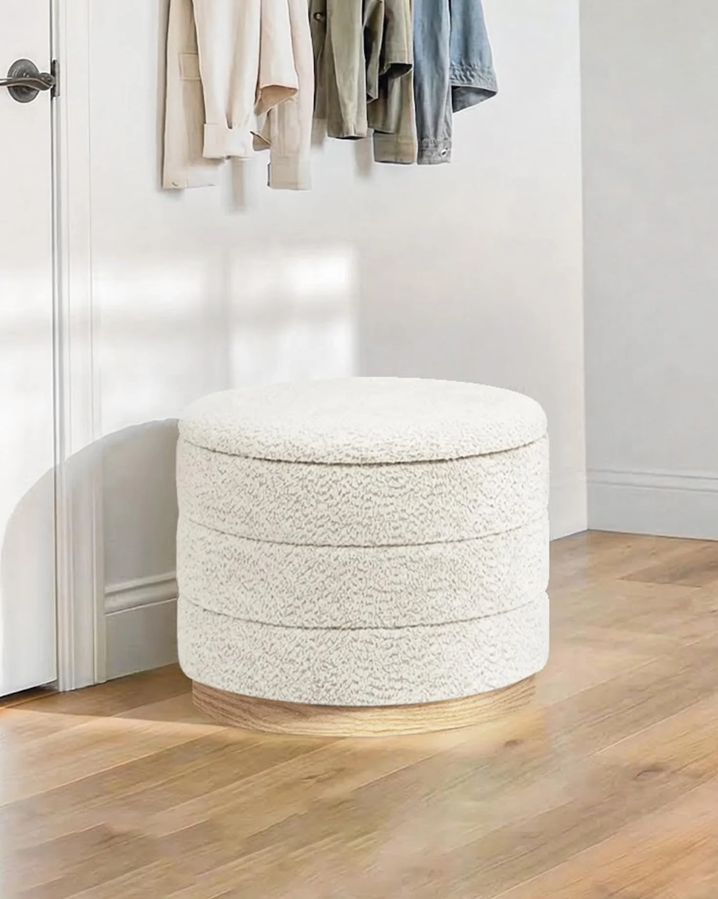 B FSOBEIIALEO Round Storage Ottoman with Tray, Folding Ottoman with Storage Coffee Table Foot Rest for Dorm Room Living Room Chenille Fabric,Wood-Grain Leather Base,White,22.83"x22.83"x17.32"