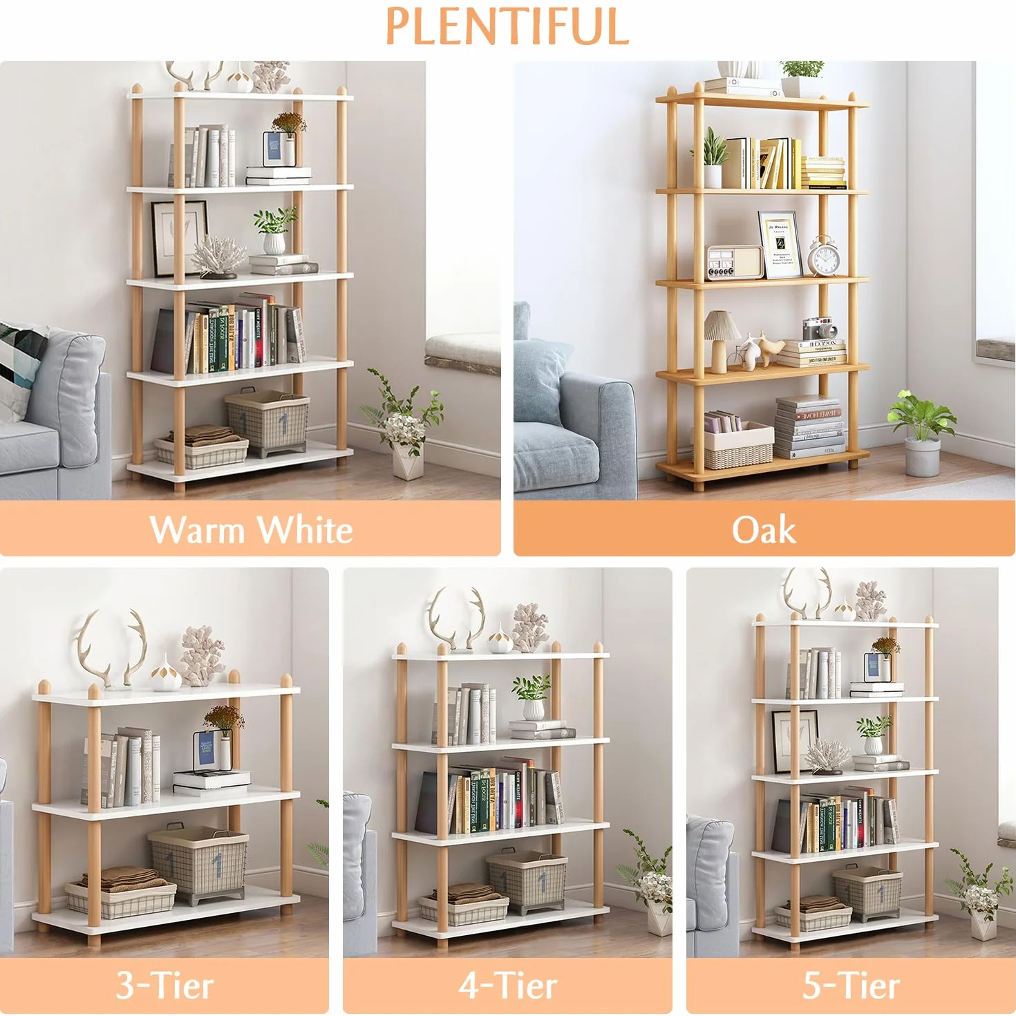 IOTXY 4-Tier Wooden Shelf Bookcase, Freestanding Open Bookshelf, Oak | Beech Wood Frame, 0.63" Shelves, Display Storage for Books, Plants, Decor, Living Room, Bedroom, Home Office