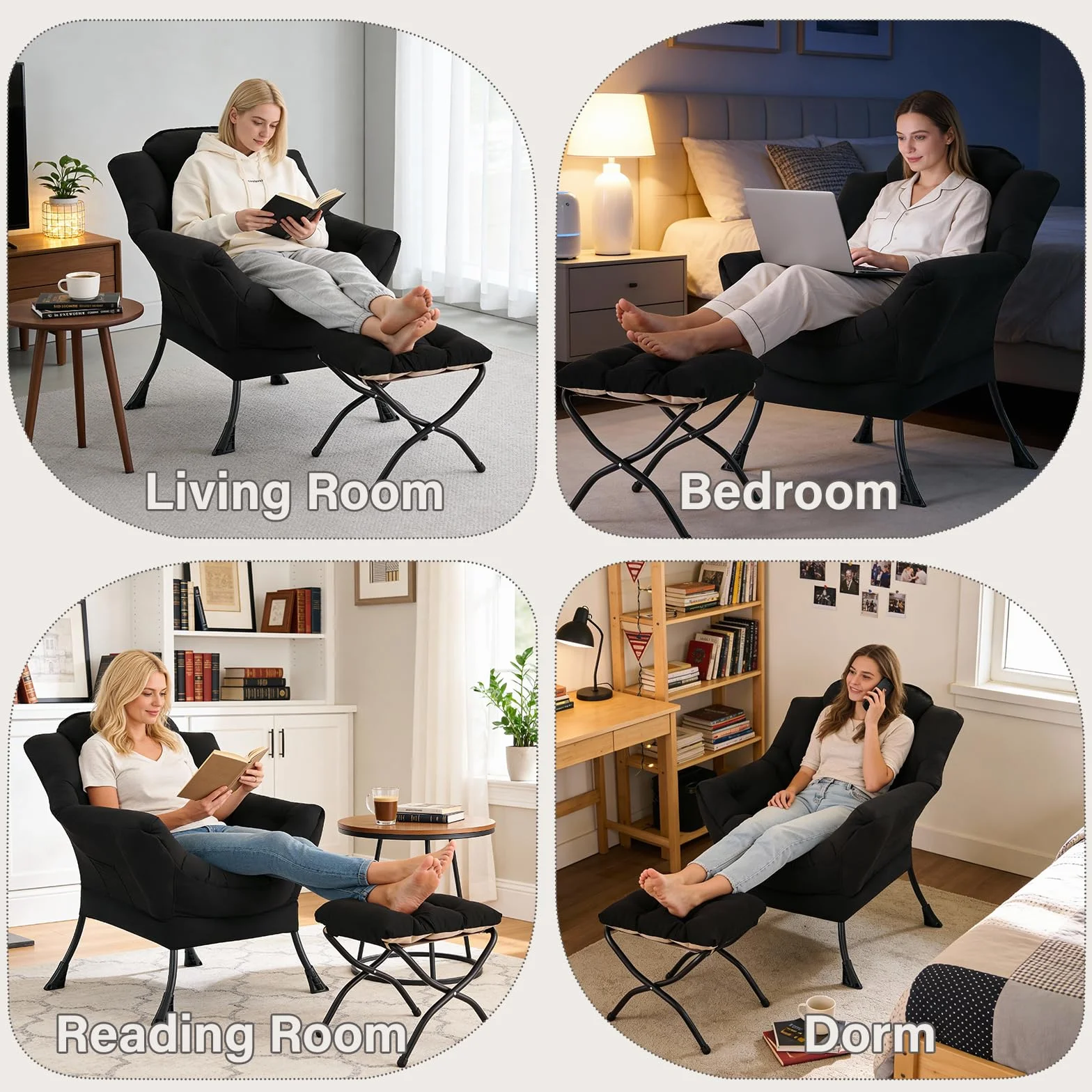 MBOOYOME Modern Lazy Chair with Ottoman, Comfy Accent Reading Chair, Black | Removable & Machine-washable Cover,with Armrests & Side Pockets,Upholstered Lounge Chair for Bedroom,Dorm,Office,Small Space