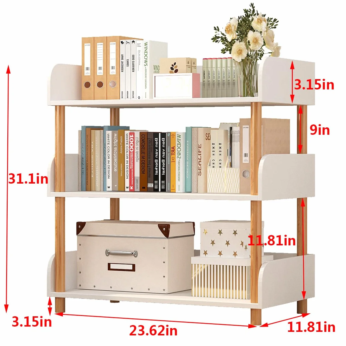 3-Tier Open Bookcase with Extra-Deep Shelves - Modern Display Bookshelf Premium Solid Wood for Living Room, Home Office & Bedroom, 11.8in Deep Storage Cabinet, Warm White