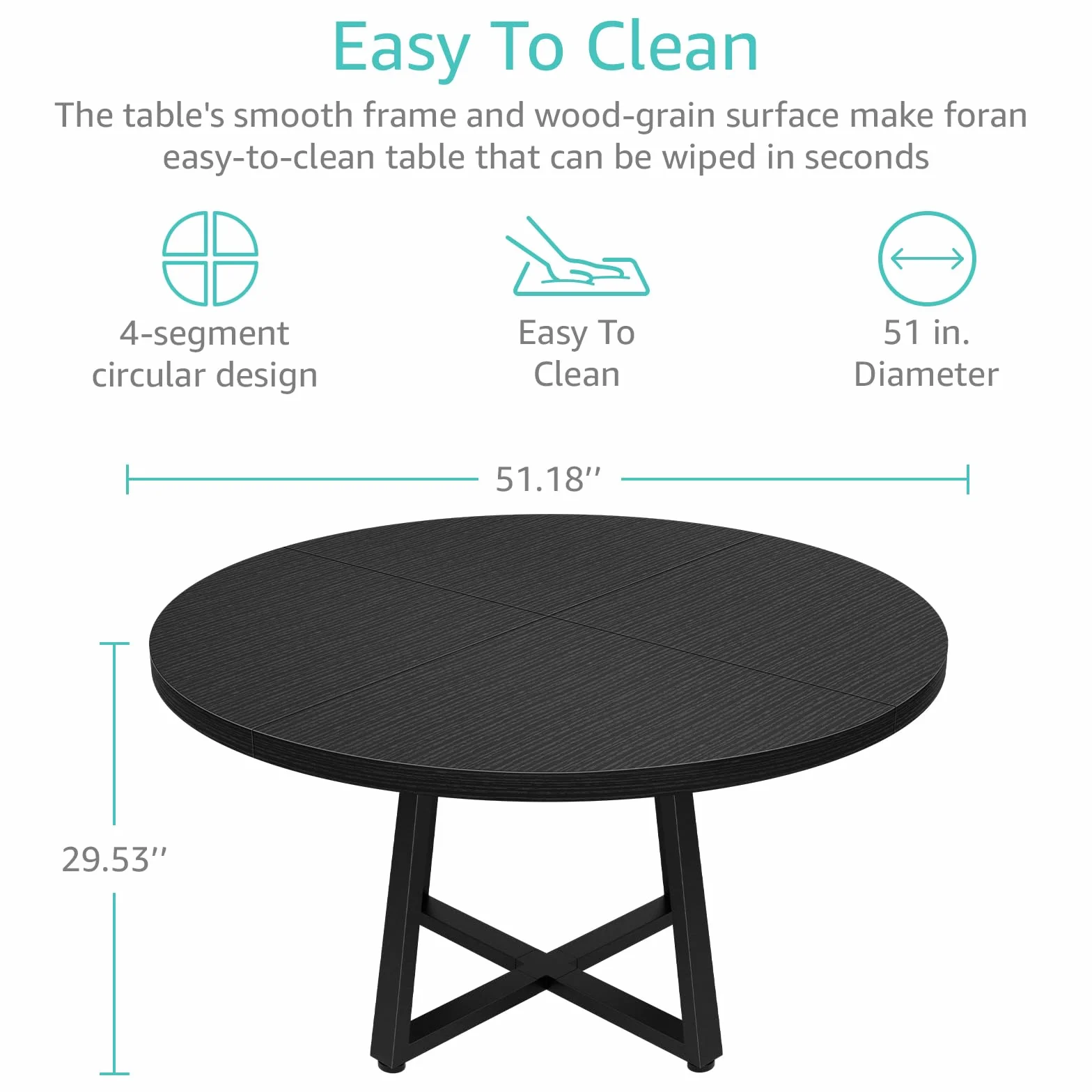 Black Round Dining Table for 6 - Modern Circle 51 Inch Large Room Kitchen Dinning Tables for 4 to 6 Person Seats Small Spaces Wood Dinner Mesa De Comedor Redonda