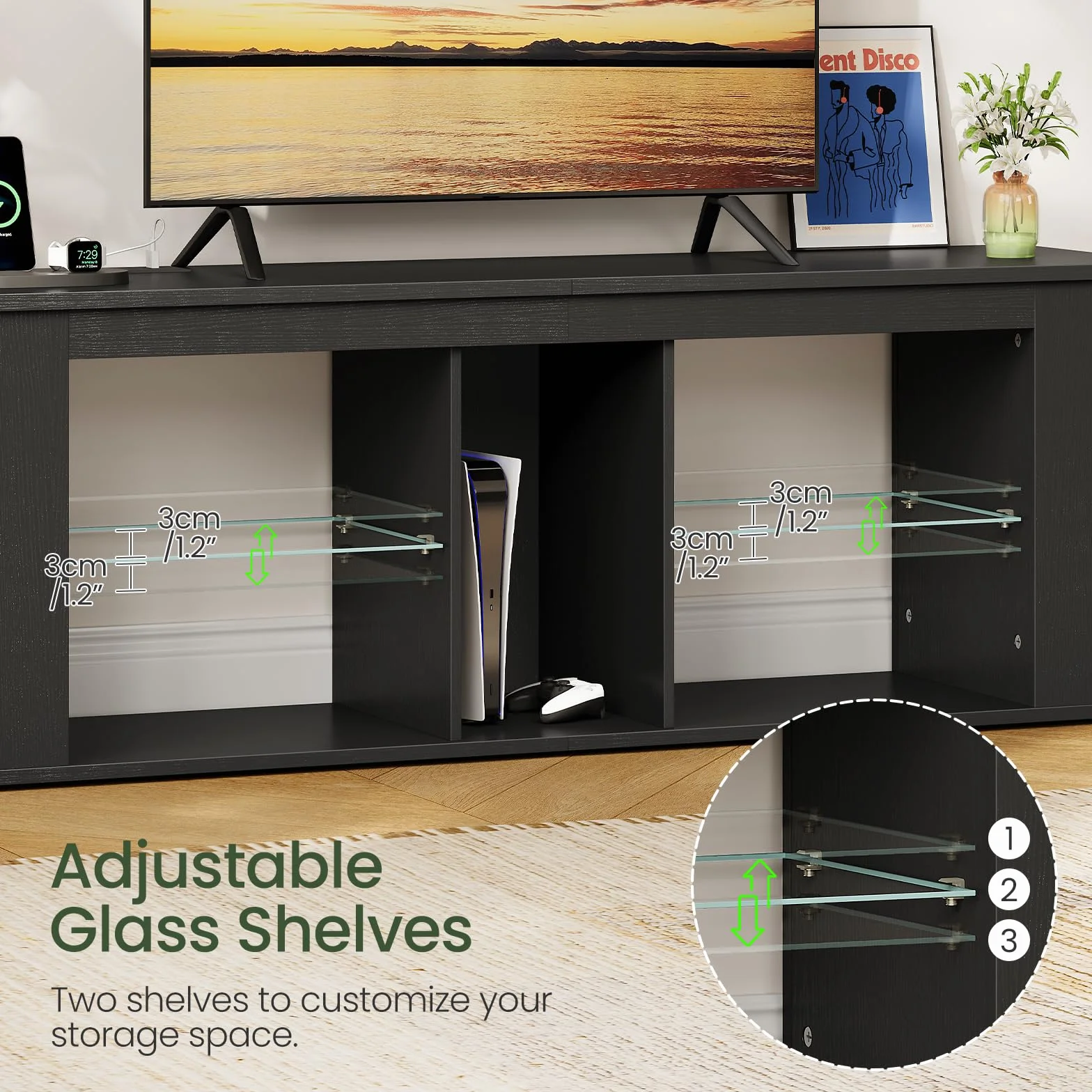 55" TV Stand for up to 65" TVs with RGB LED Lights, Built-in Power Outlet, Adjustable Glass Shelves & Open Storage, Modern Media Console for Living Room & Game Room, Black MDS05UDBB